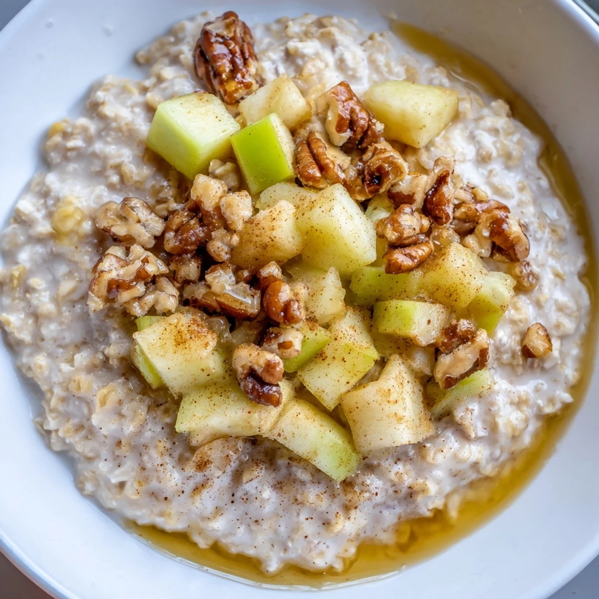 Warm apple pie oatmeal bowl, topped with caramelized apples and crunchy pecans, perfect for breakfast.