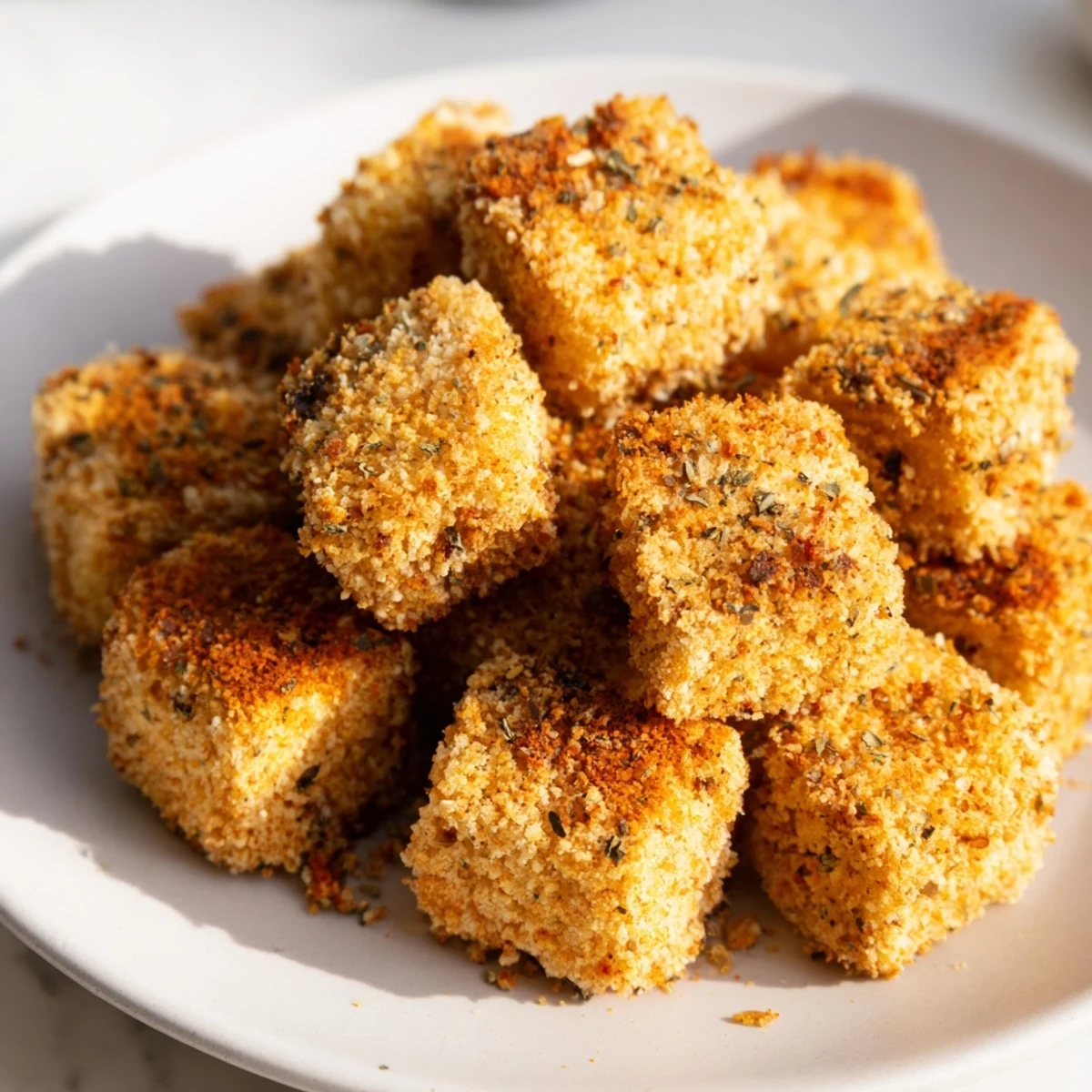 Golden brown Popcorn Tofu Bites ready to dip; imagine the satisfying crunch and flavorful spices.