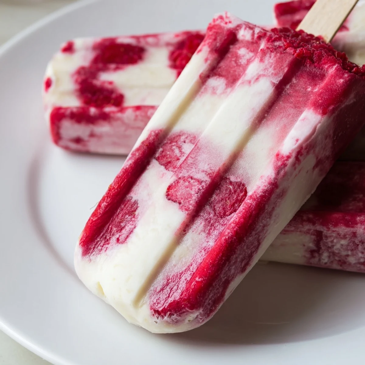 A dazzling image showing a vibrant, layered Raspberry Coconut Ice Pop, ready for a hot afternoon.