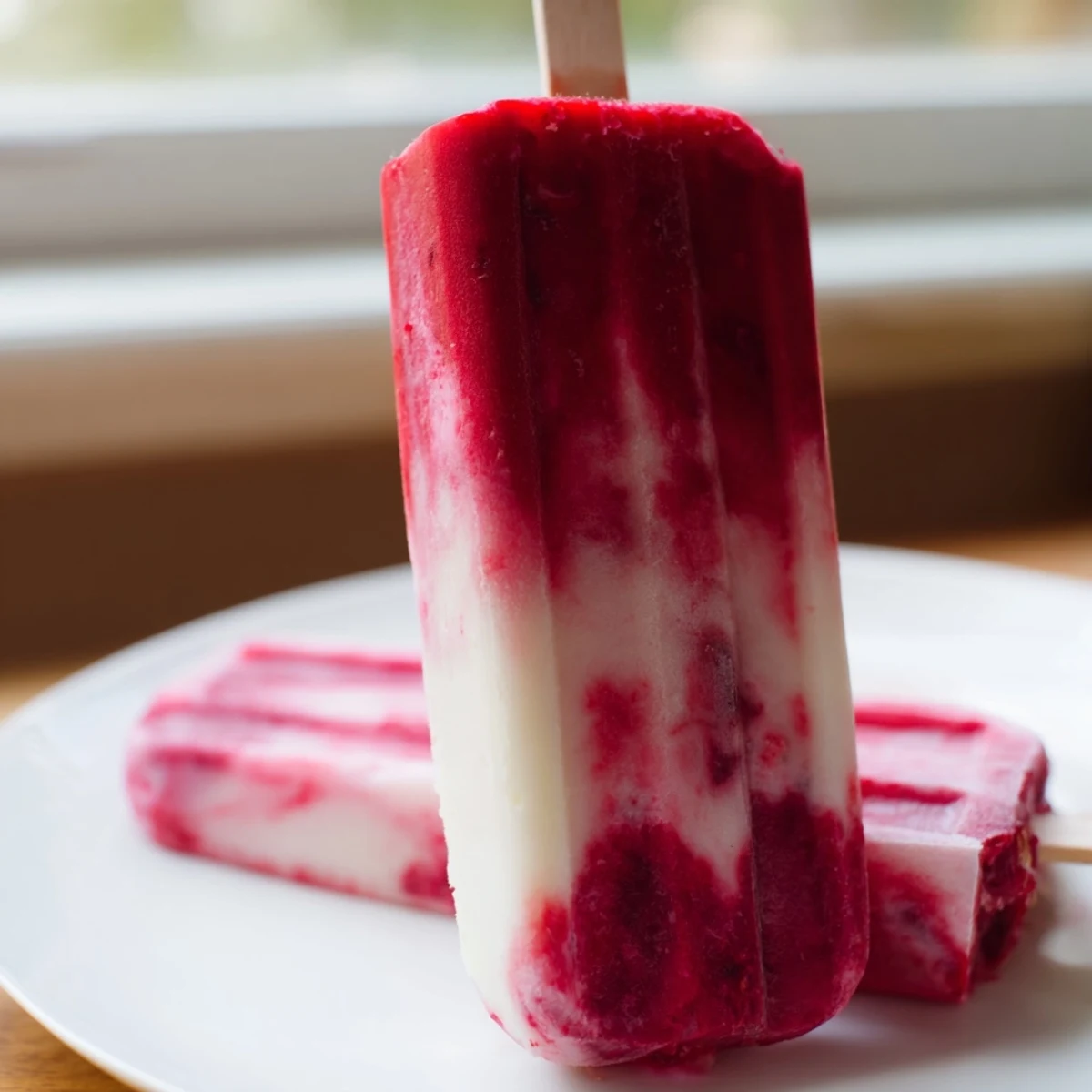See the beautiful, frozen swirl of raspberry and coconut layers in these delicious, vegan ice pops.