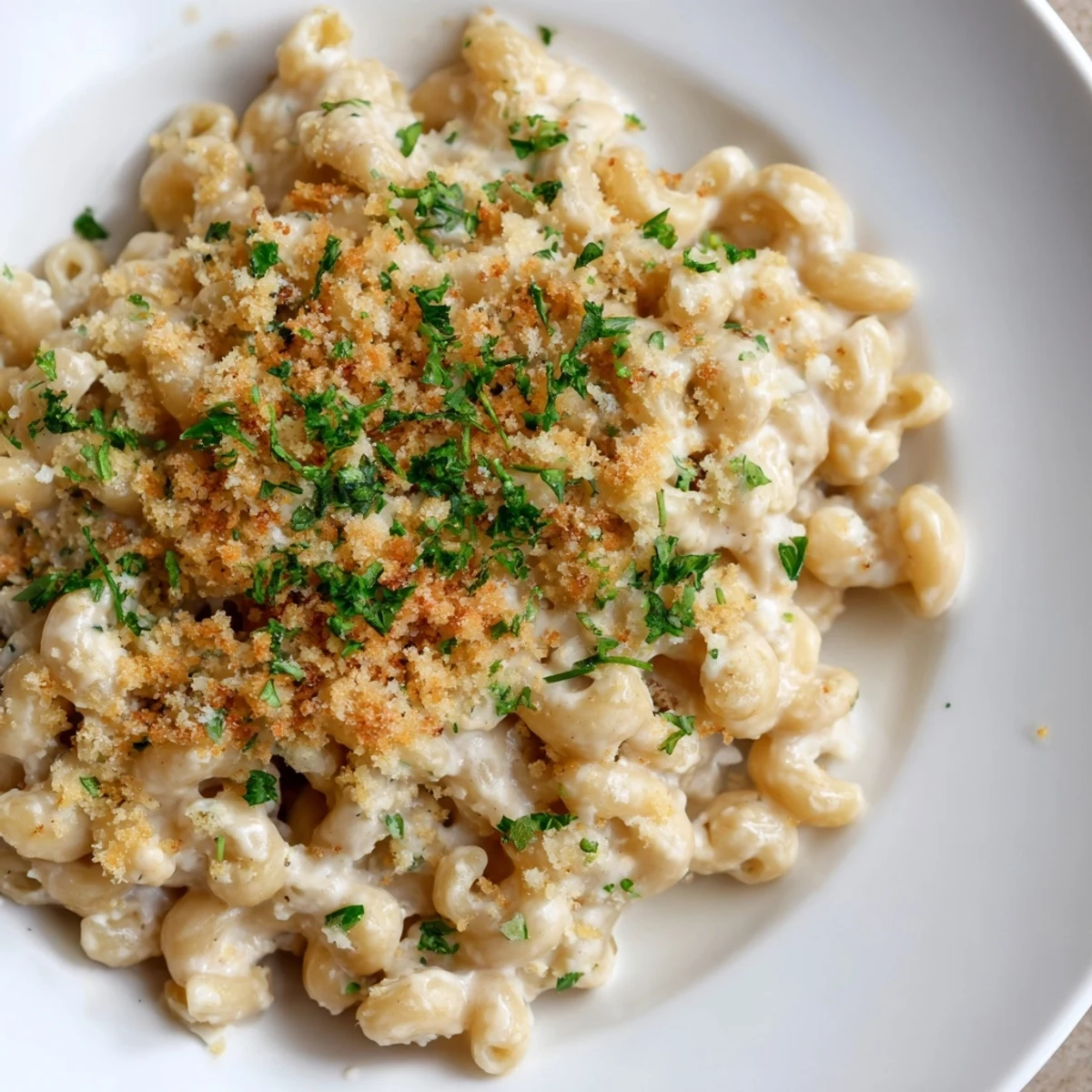 A steaming plate of high-protein mac and cheese, creamy and rich from cottage cheese sauce.