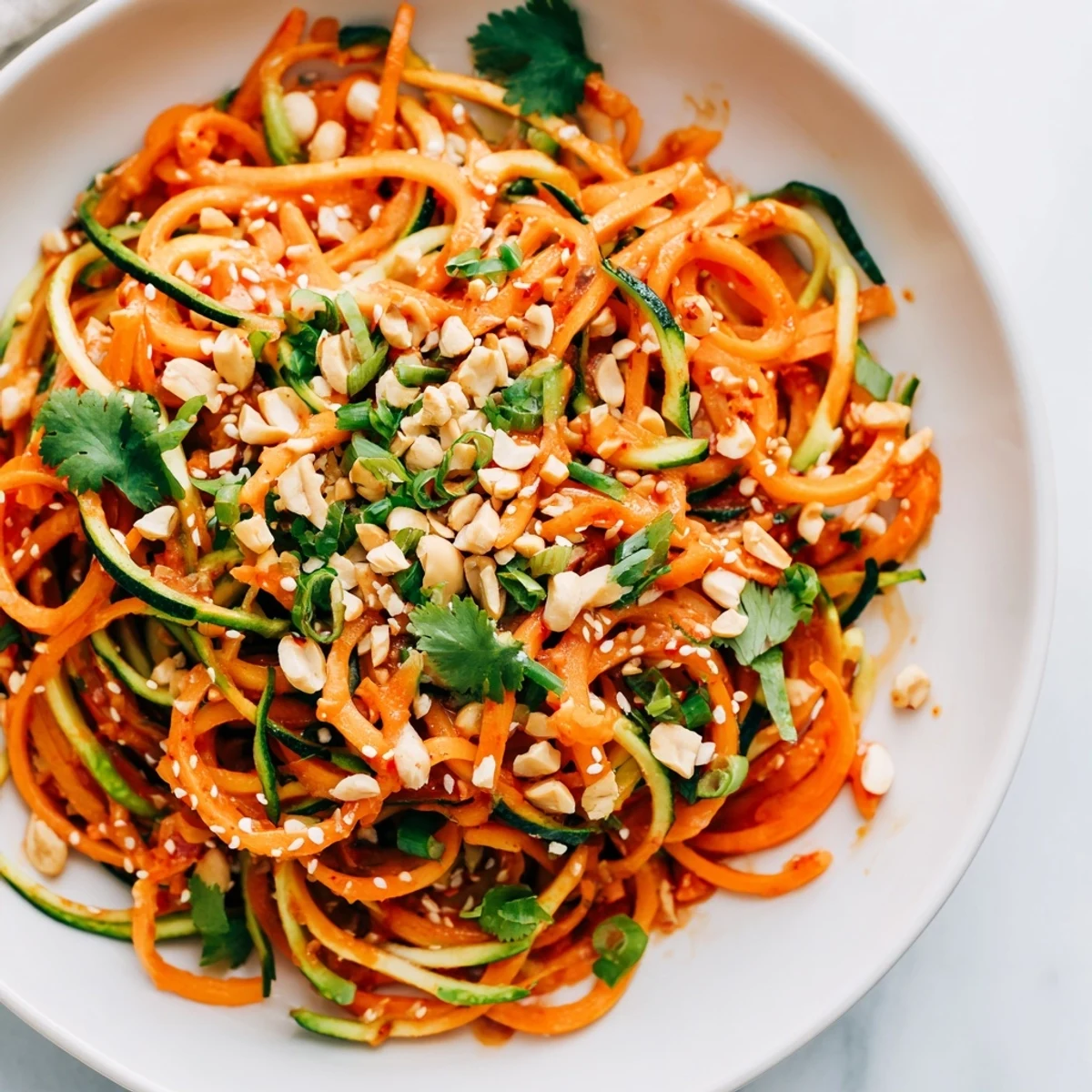 Vibrant Spicy Cucumber Noodle Bowl served, showcasing spiralized cucumbers with a glistening chili sauce.