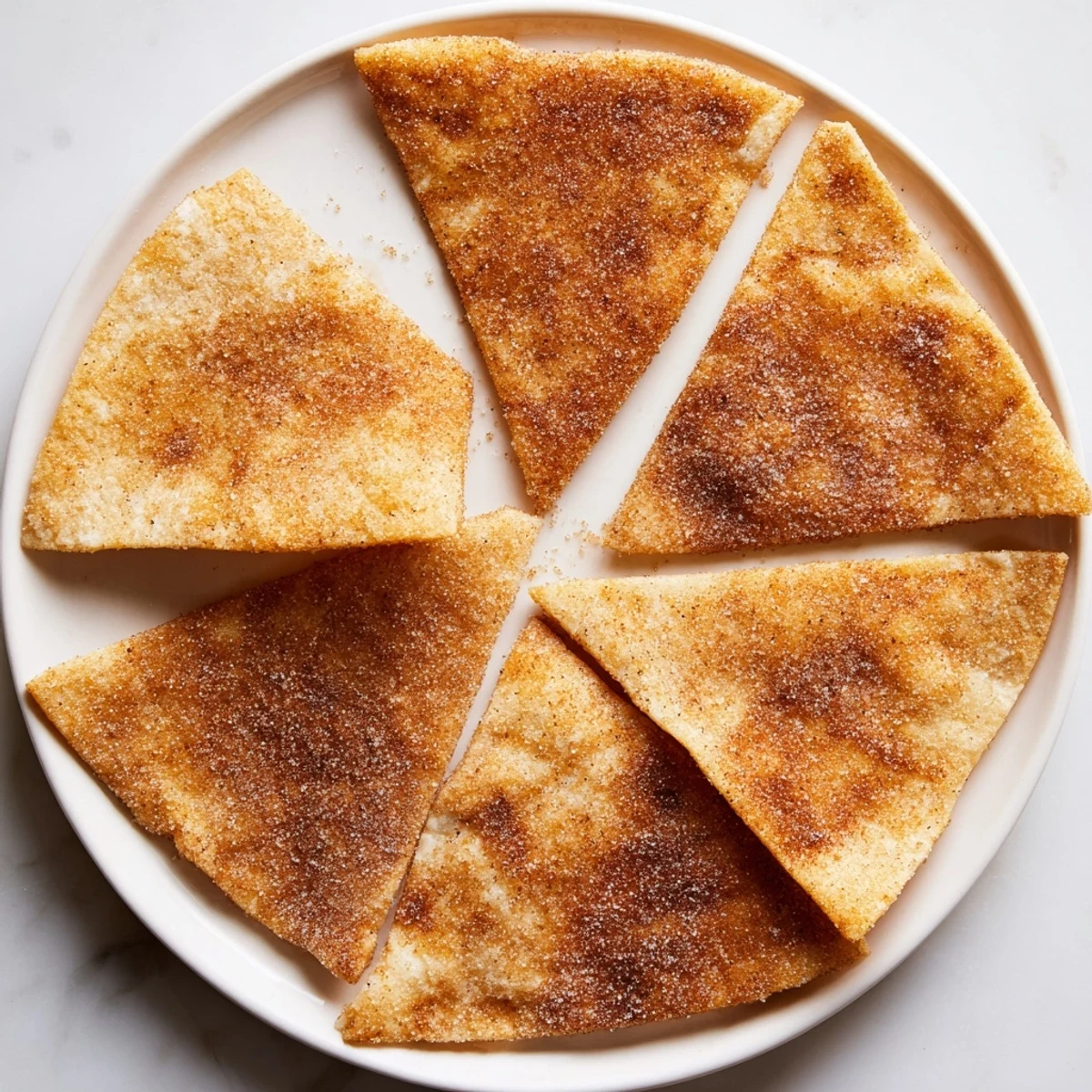 Golden-brown cinnamon sugar tortilla chips, a sweet and crispy dessert snack you'll love.