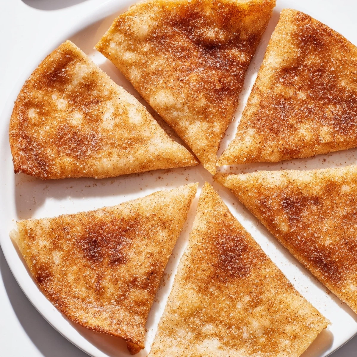 Air-fried cinnamon sugar tortilla chips, perfectly coated and ready for dipping into chocolate.