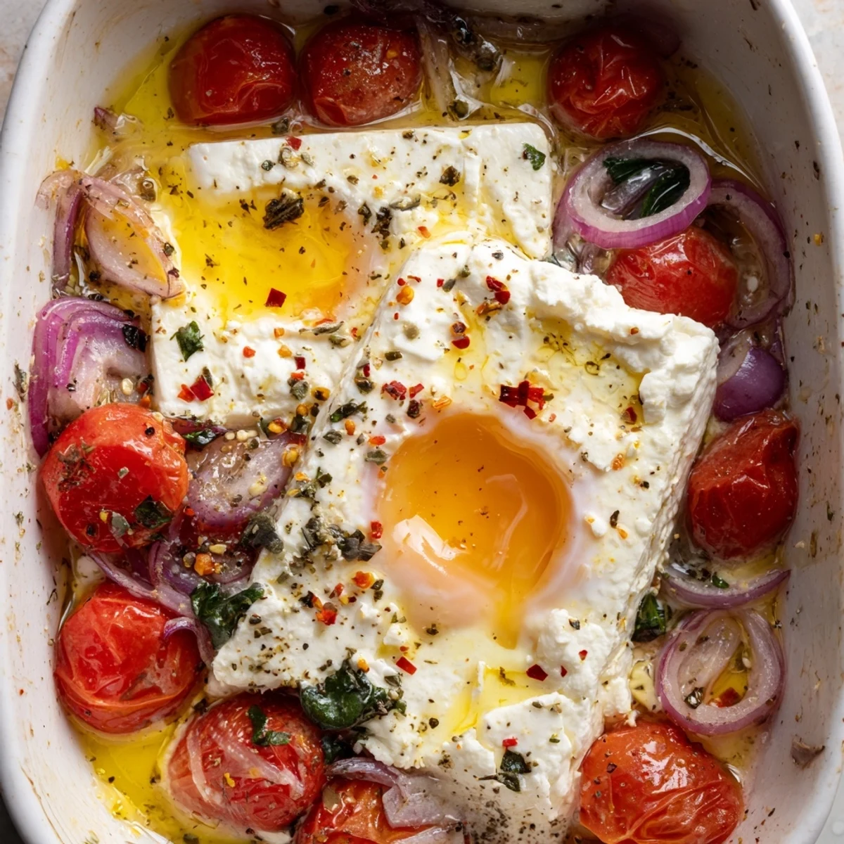 A bubbly dish of Baked Feta Eggs with bursting tomatoes, ideal for a delicious vegetarian brunch.