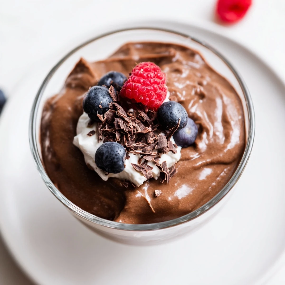 Creamy, decadent avocado chocolate pudding, garnished with fresh berries and ready to eat now.