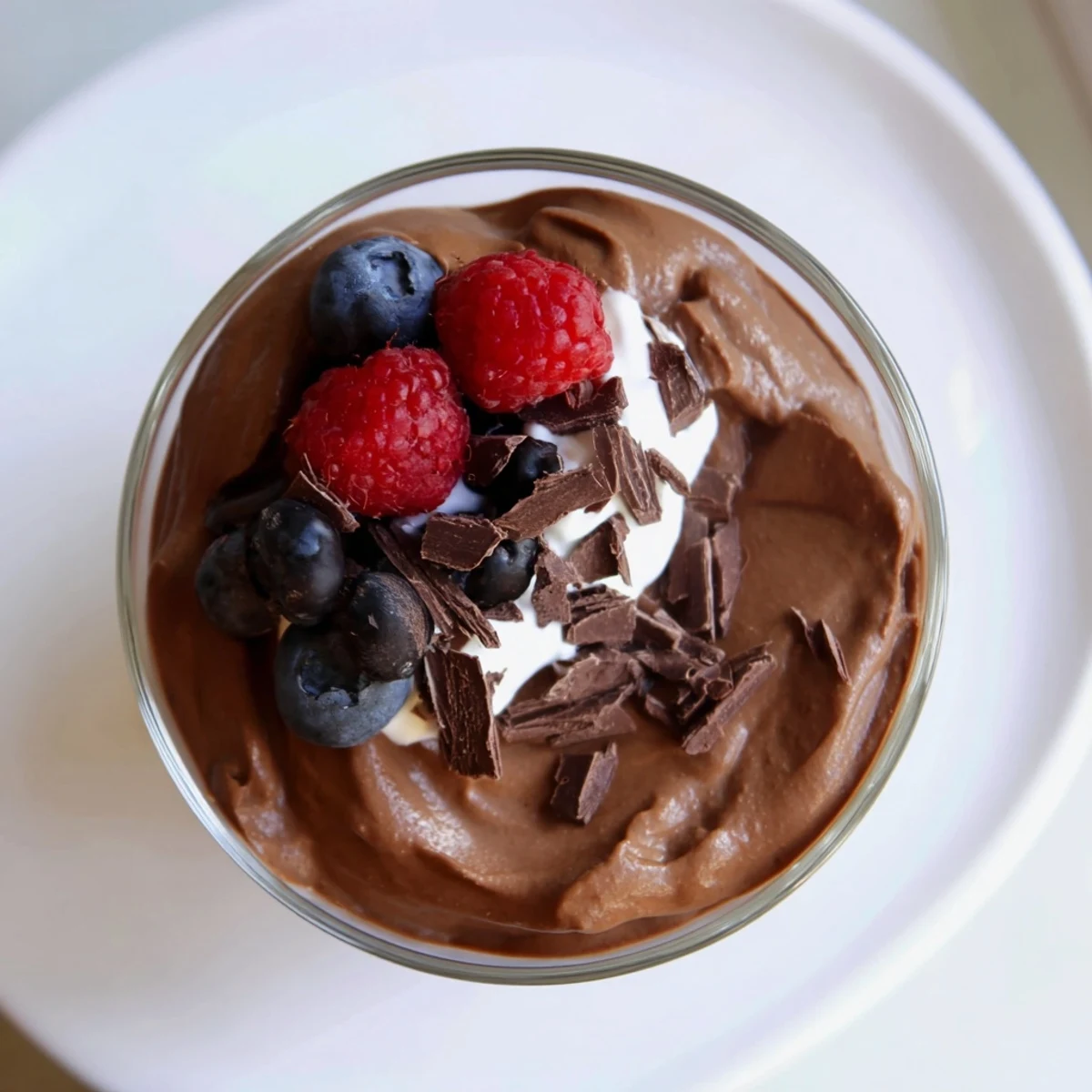 A close-up of a bowl filled with rich, dark avocado chocolate pudding, ready to be enjoyed.