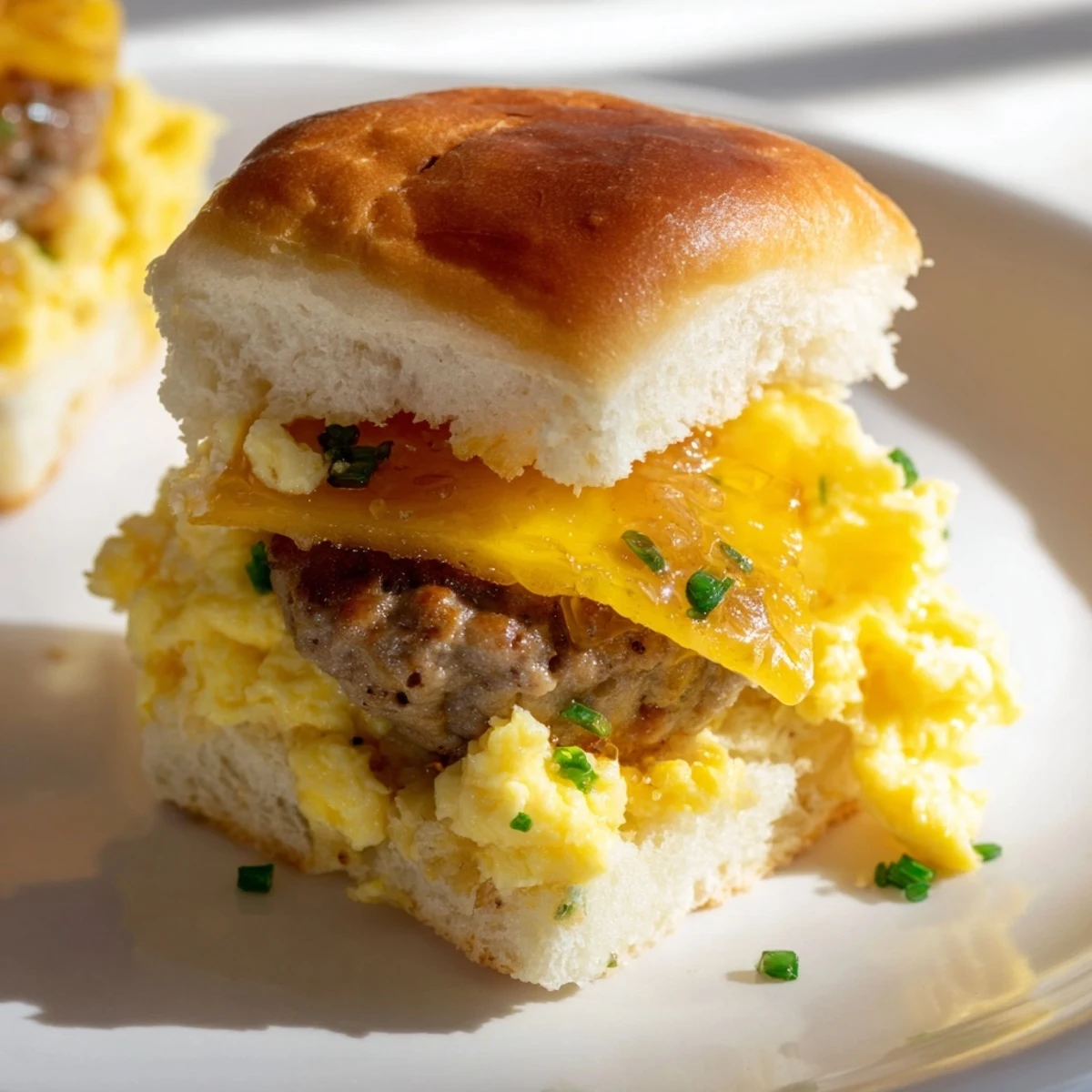 Fluffy scrambled eggs, sausage, and melted cheese make up these Mini Breakfast Sliders.