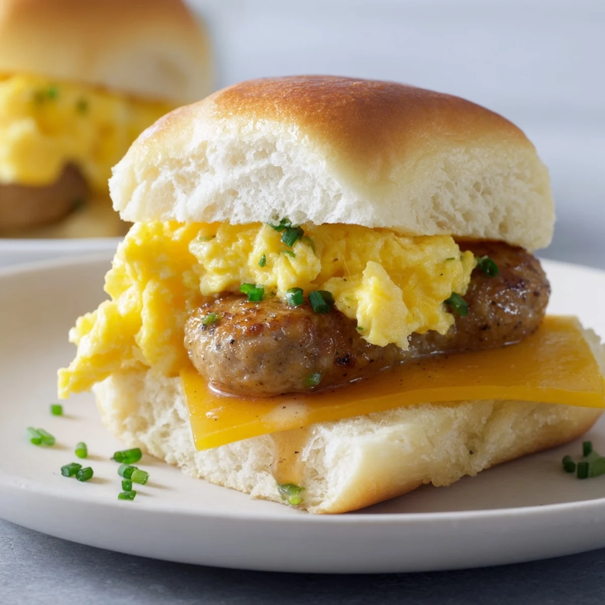 Golden-brown buns filled with savory sausage, cheese, and sweet maple in the Mini Breakfast Sliders.