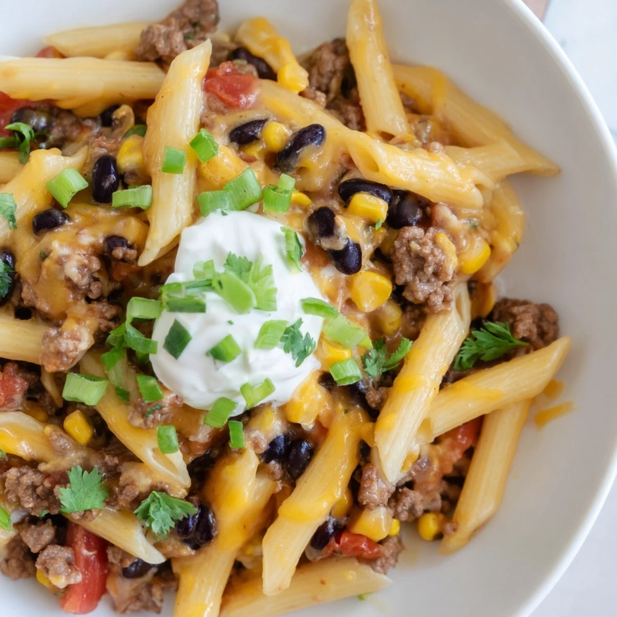 This photo features a bubbling skillet of Cheesy Taco Pasta, ready to serve and enjoy.