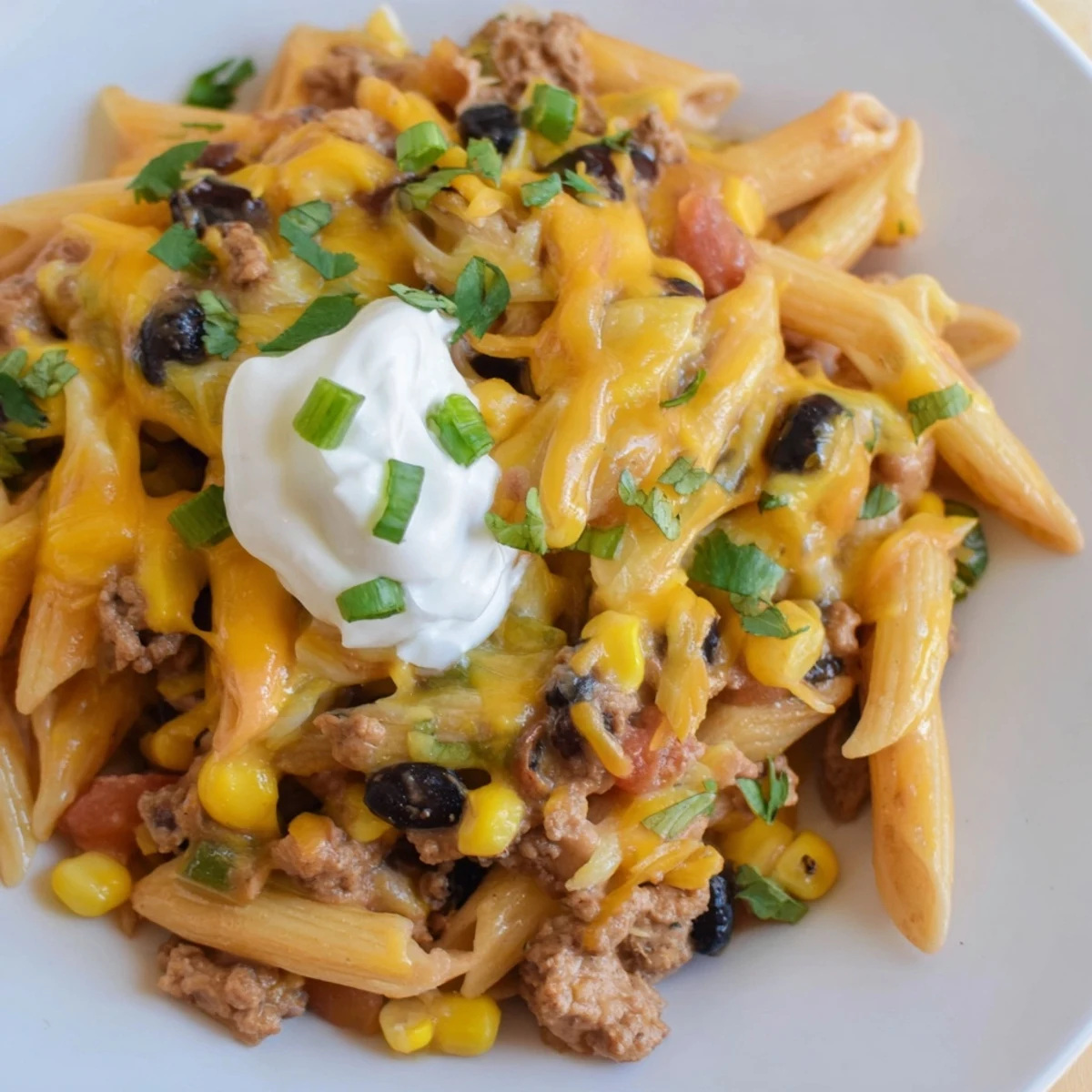 A steaming bowl of Cheesy Taco Pasta, rich with melted cheese and savory ground beef.