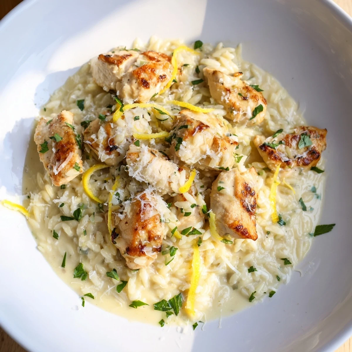 Creamy Lemon Chicken Orzo, a vibrant one-pan meal, is pictured with tender chicken and creamy sauce.
