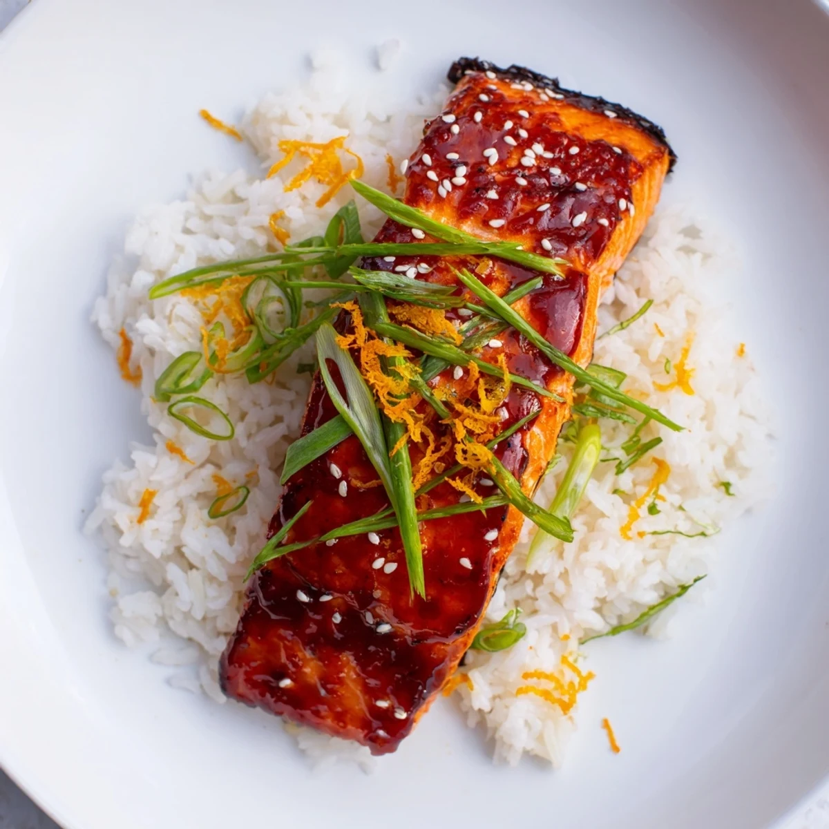 Juicy, glazed sticky orange salmon resting on a bed of fluffy rice, a complete Asian-inspired meal.