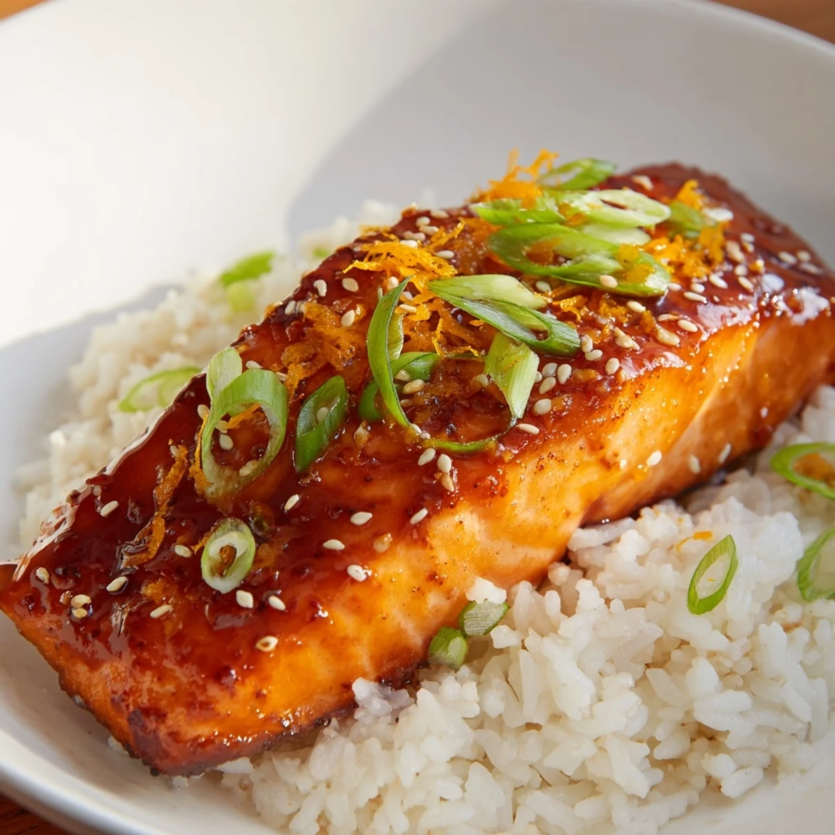 A close-up of glistening sticky orange salmon, showcasing its caramelized edges with hints of scallions.