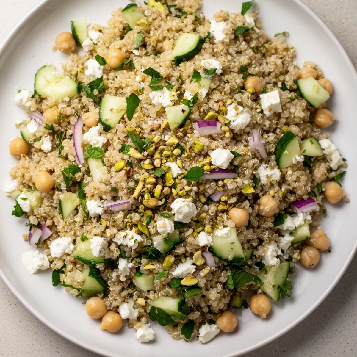 A colorful bowl of Jennifer Aniston Salad, featuring quinoa, crunchy cucumber, and toasted nuts, ready to enjoy.