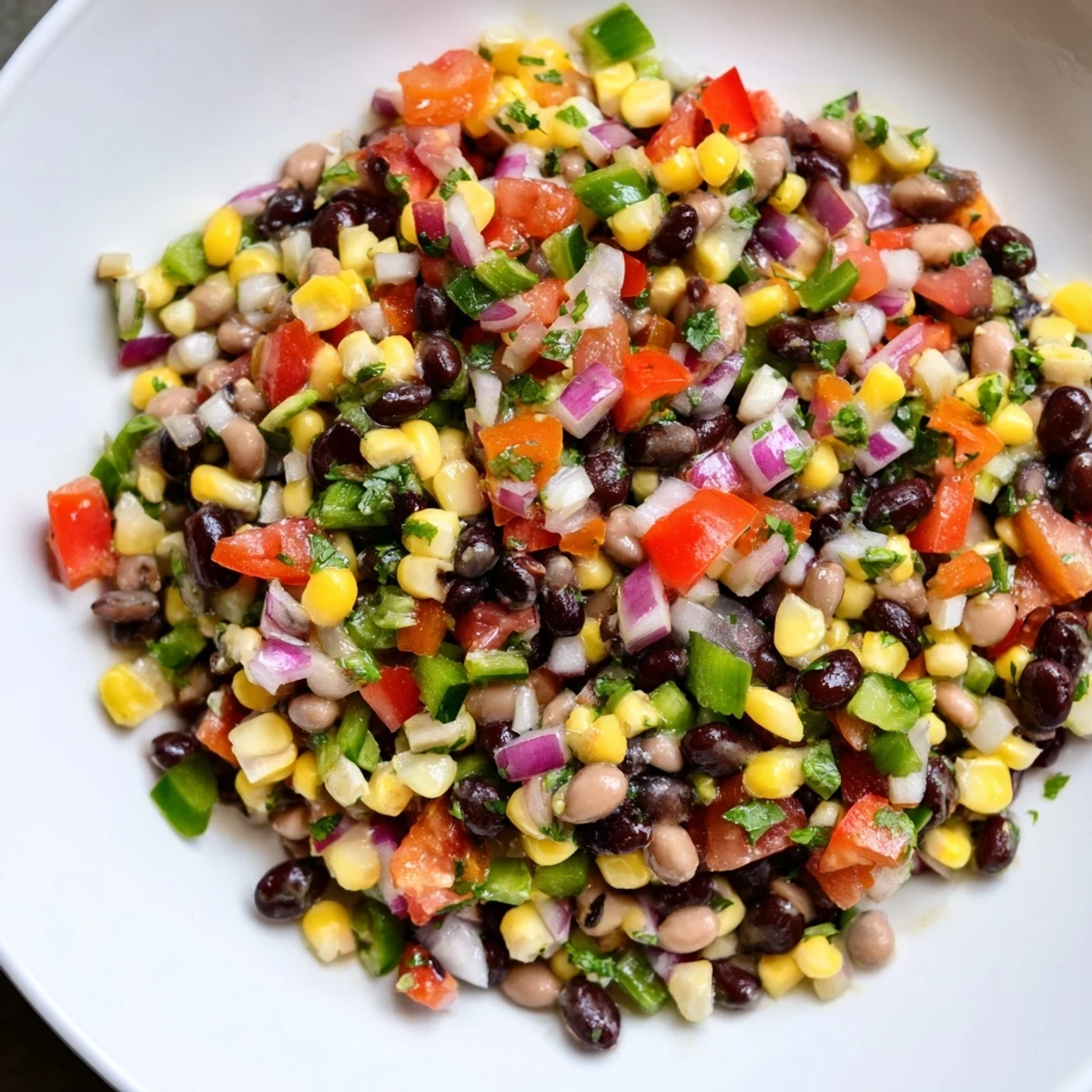 Close-up of a flavorful Cowboy Caviar Salad showcasing fresh ingredients ideal for summer gatherings.