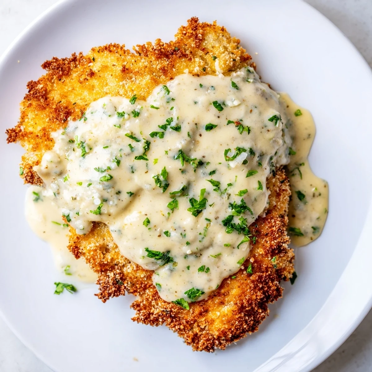 Juicy, pan-fried Crispy Chicken with Garlic Cream Sauce; the sauce is rich and incredibly flavorful.