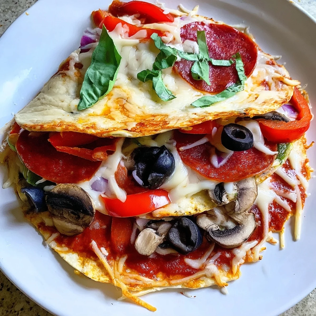 Folded tortilla pizza wrap: a handheld pizza delight with bubbly cheese and colorful vegetable toppings.