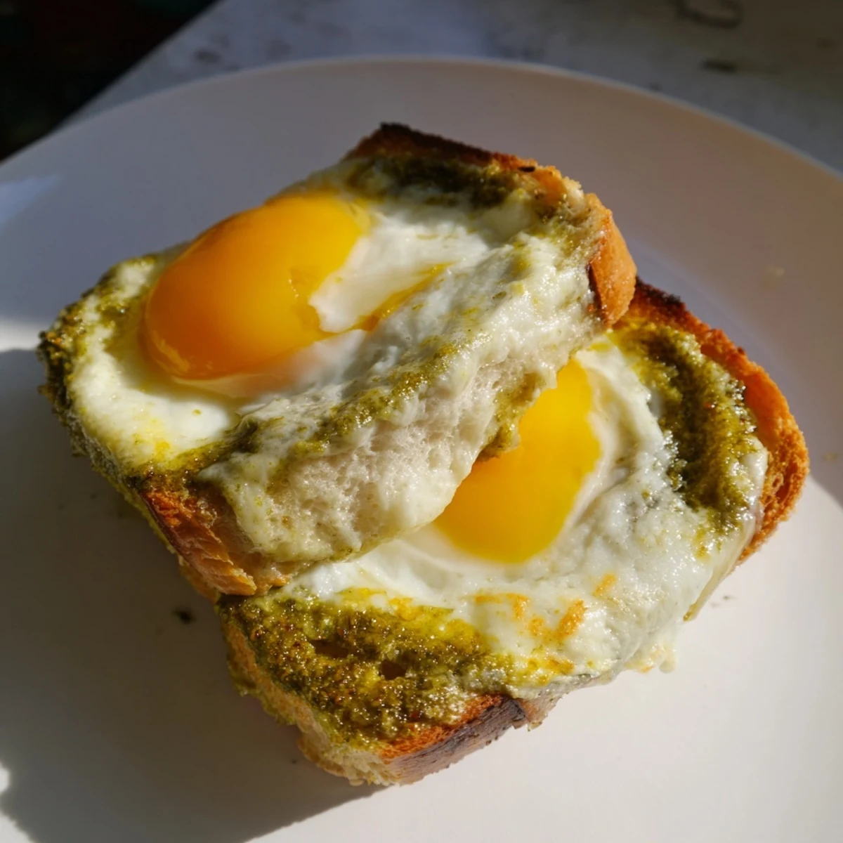 Golden, cheesy Pesto Egg Grilled Cheese with a perfectly fried pesto egg atop melty mozzarella.