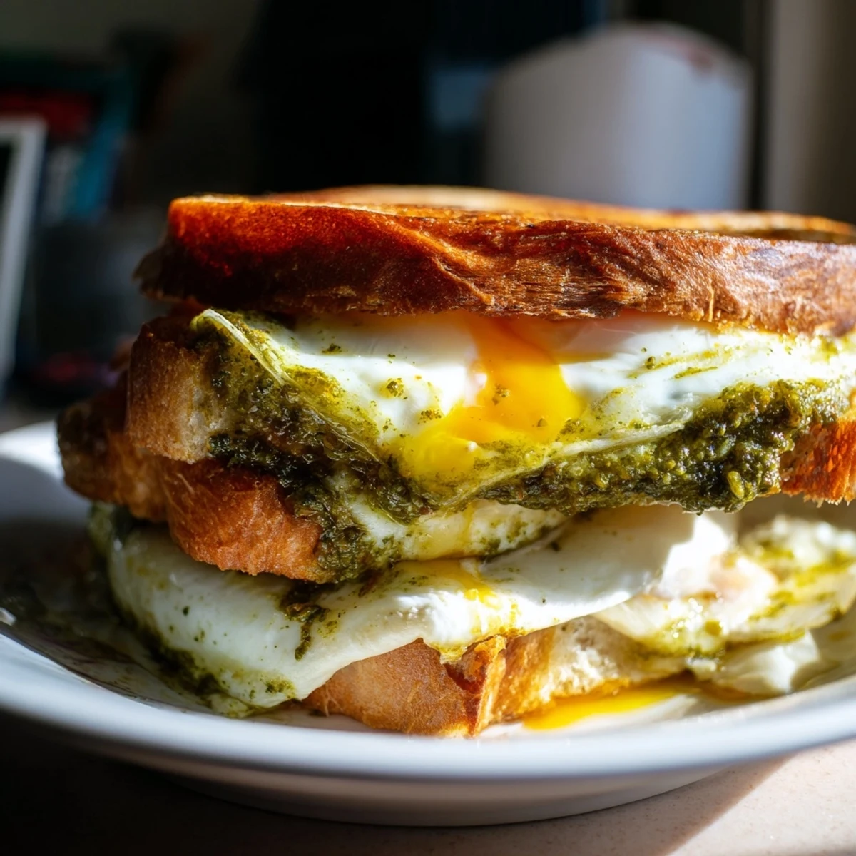 Delicious, vegetarian Pesto Egg Grilled Cheese: golden, crisp bread with herbs and melted cheese.