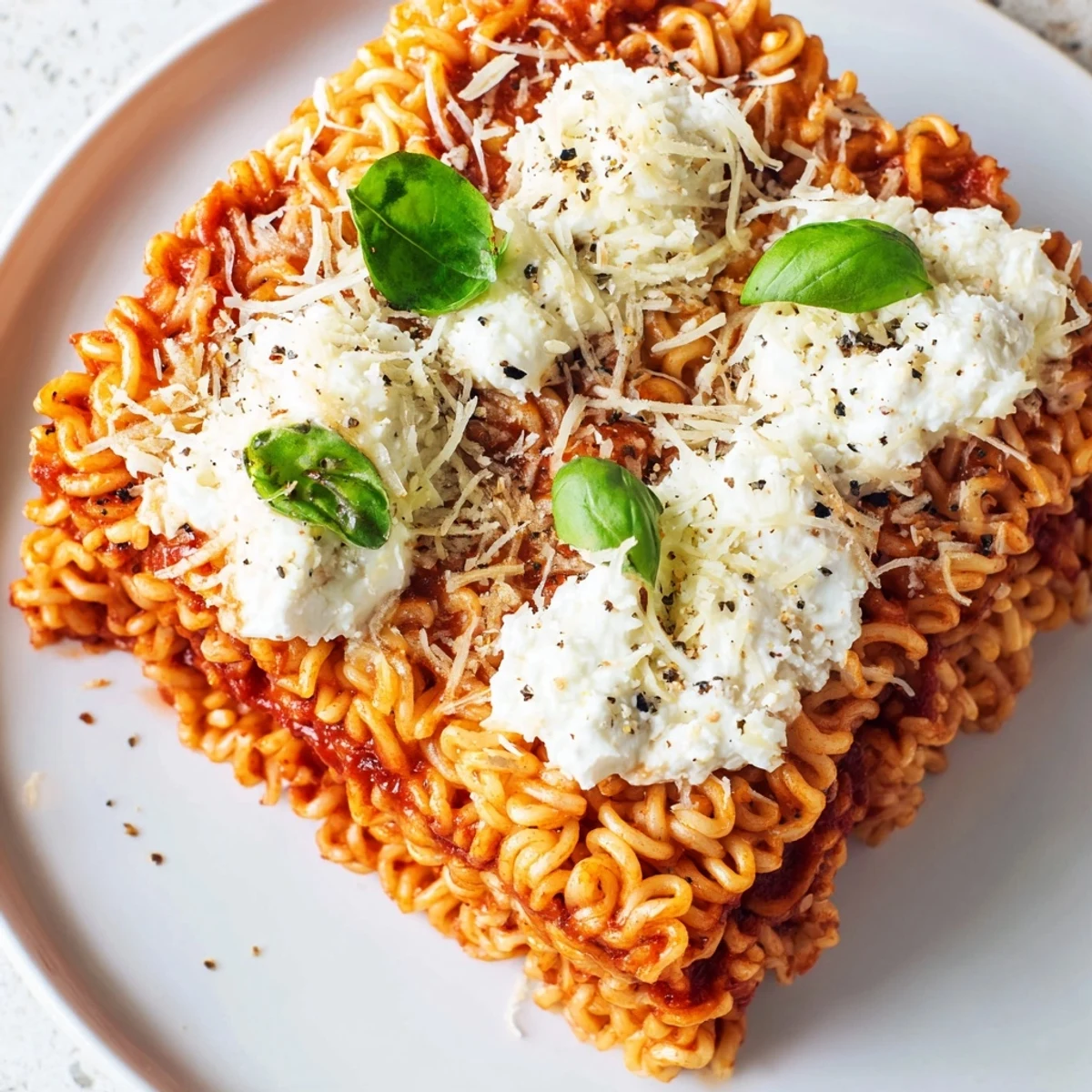 Golden, bubbly Ramen Lasagna, a fun fusion casserole with melted cheese and delicious noodles.