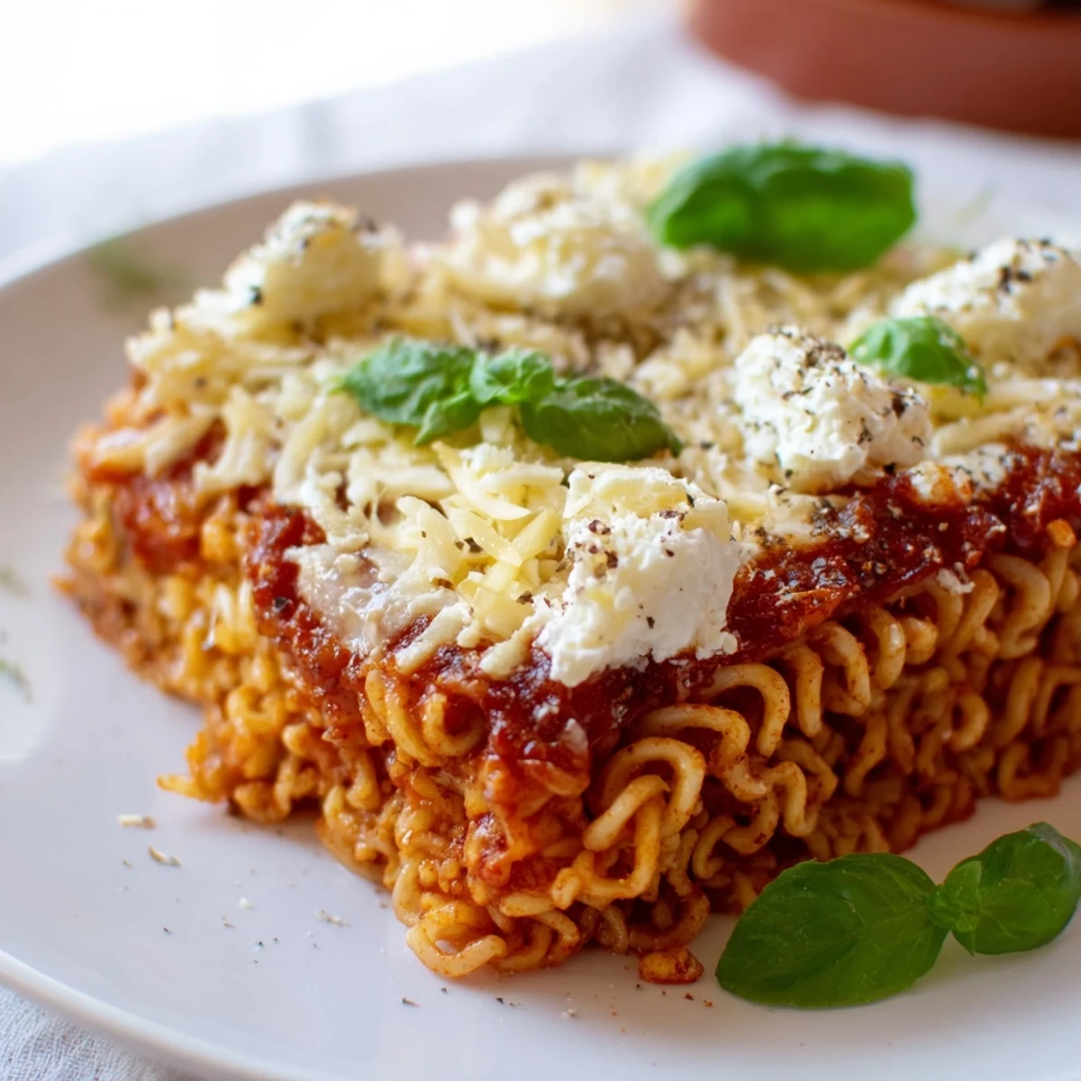 A close-up of a steaming Ramen Lasagna, showcasing layers of cheese, noodles, and rich tomato sauce.