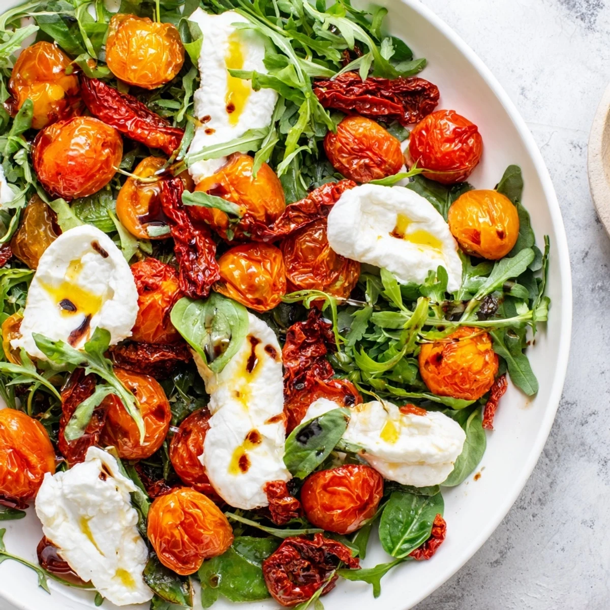 Tomato Flight Salad: A medley of fresh, roasted, and sun-dried tomatoes atop mixed greens, inviting you to enjoy.