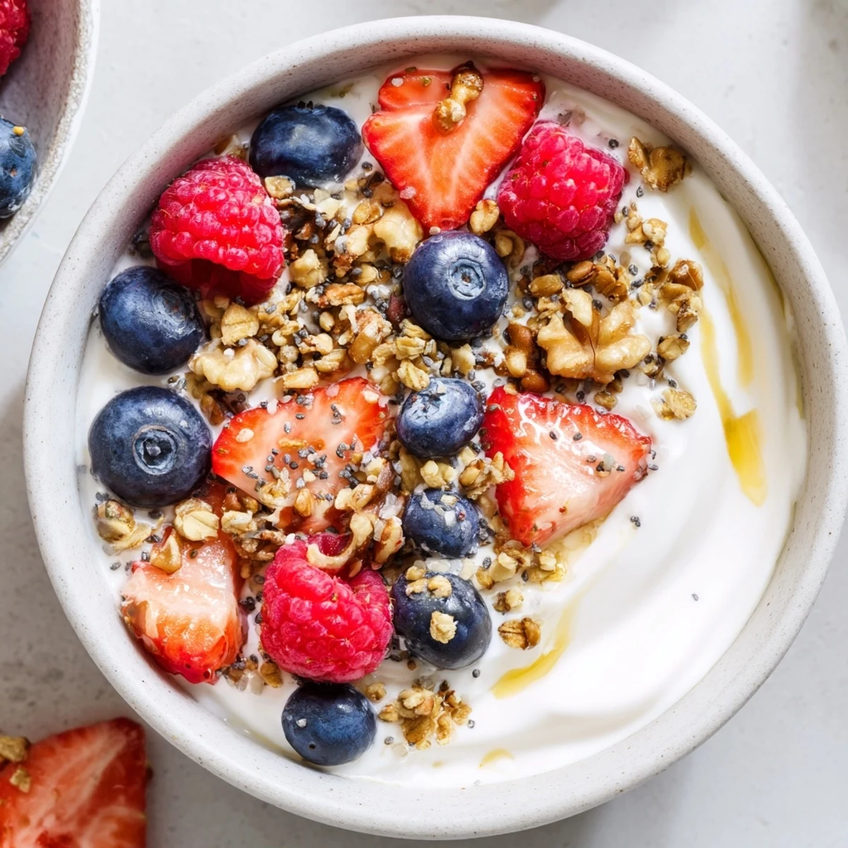 Creamy yogurt bowl, studded with fresh berries and crunchy granola, a perfect quick breakfast.