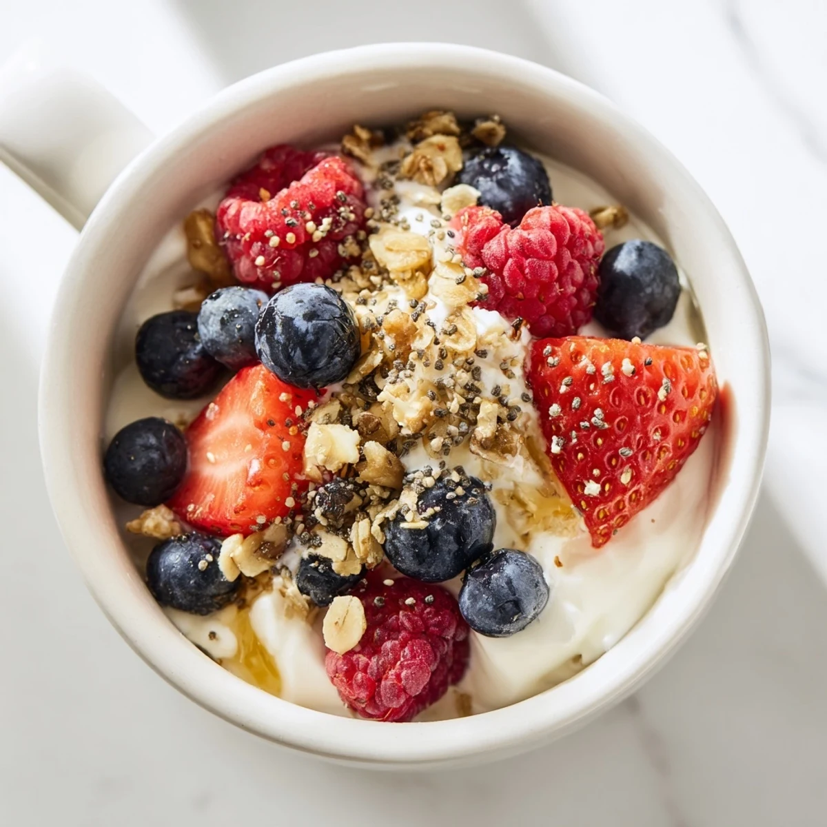 This satisfying dry yogurt bowl features layered granola, vibrant berries, and a protein-packed yogurt base.