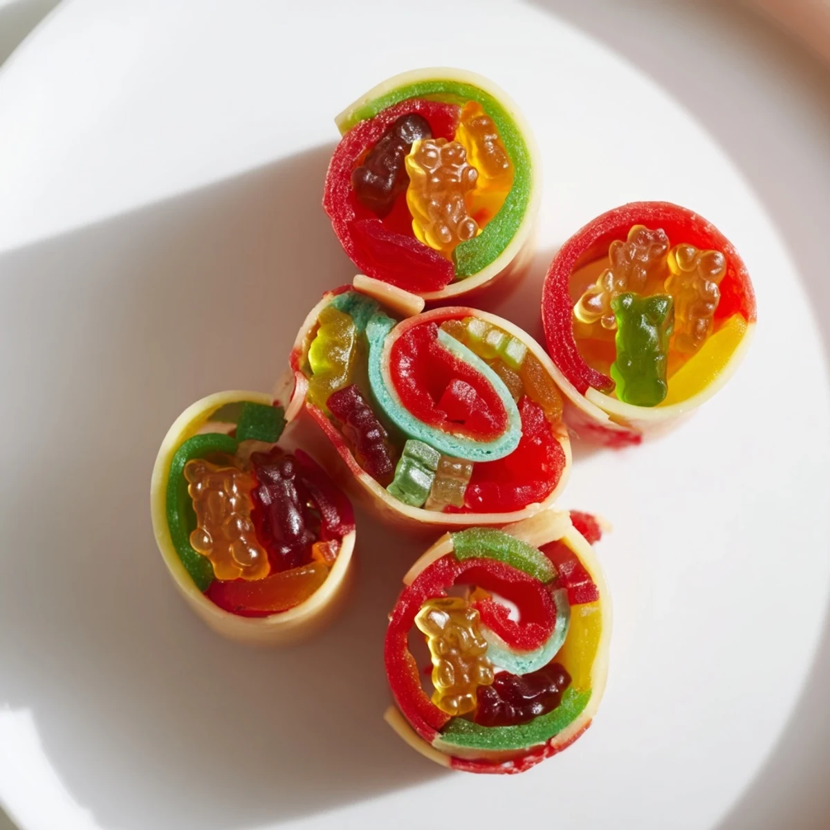 Close-up of freshly sliced Rainbow Candy Roll Ups displaying bright gummy candies inside each layer.