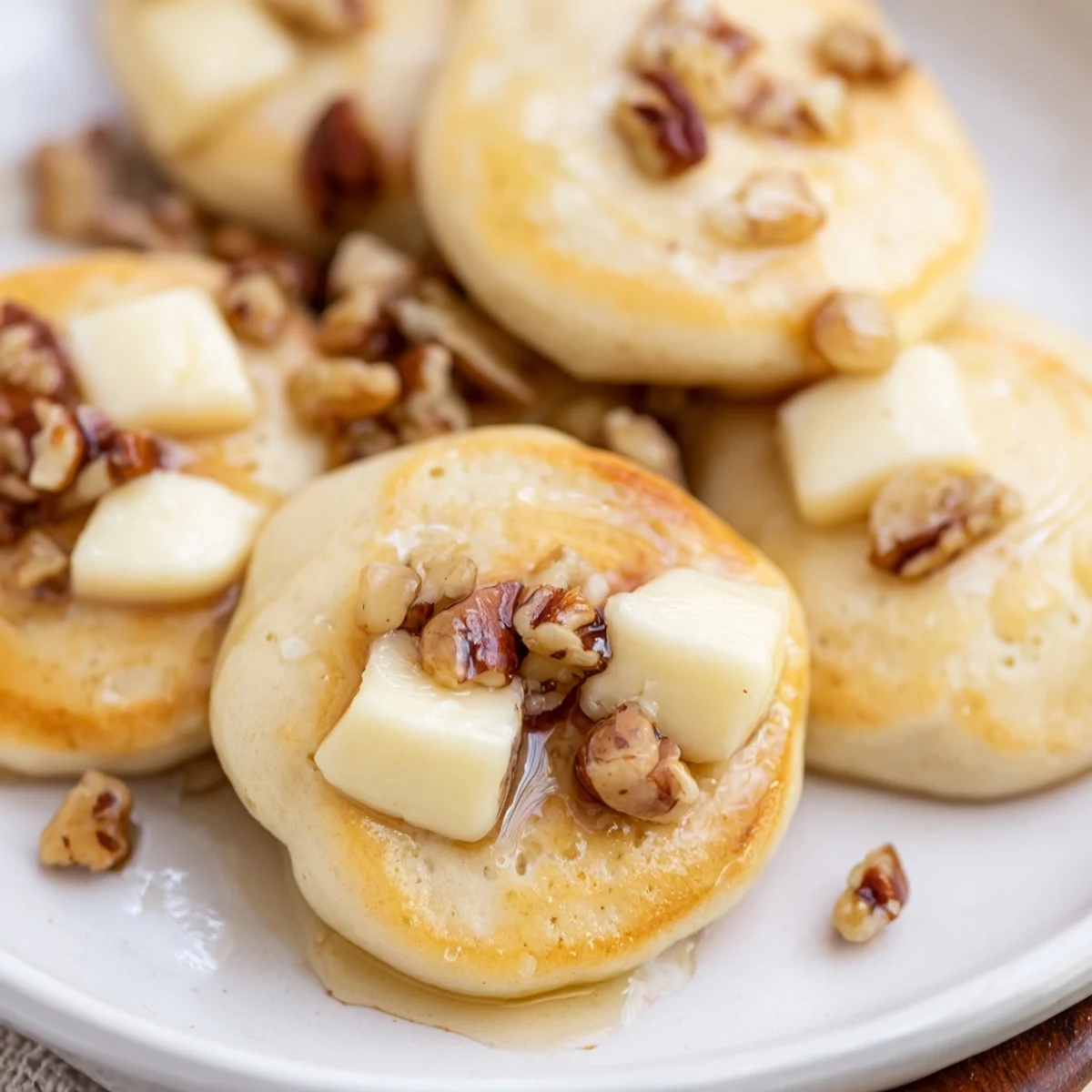 Savory and sweet Pancake Brie Bites, ready to enjoy warm, drizzled with sweet honey.