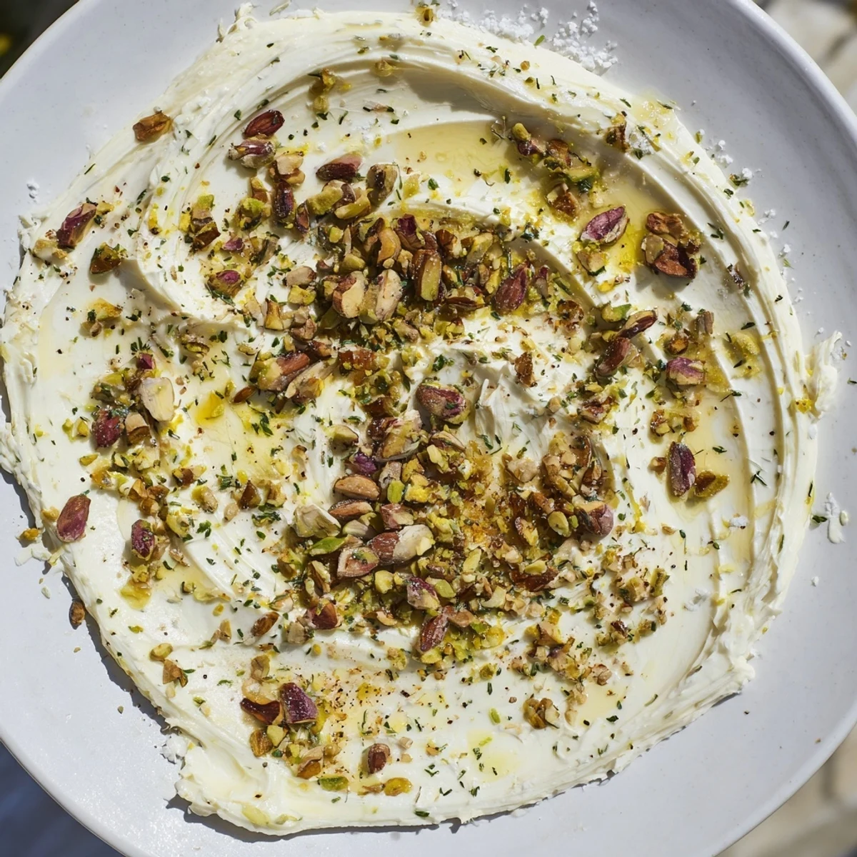 Creamy Butter Board Charcuterie topped with toasted nuts, fresh herbs, and bright lemon.