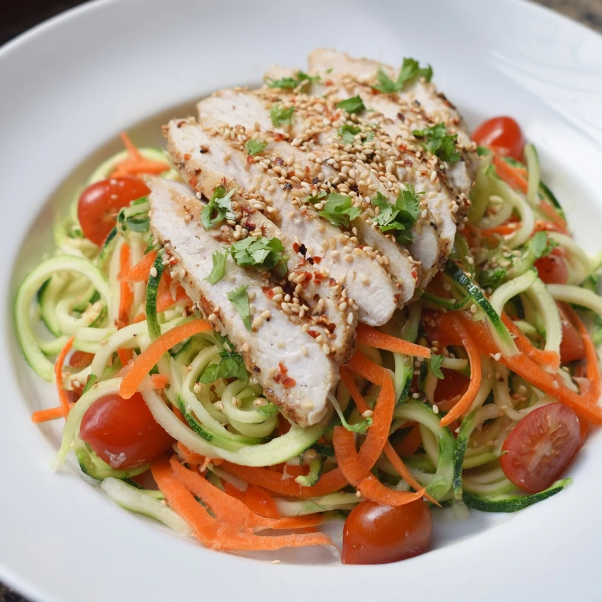Grilled chicken slices topping colorful Protein Cucumber Salad with a creamy sesame dressing.