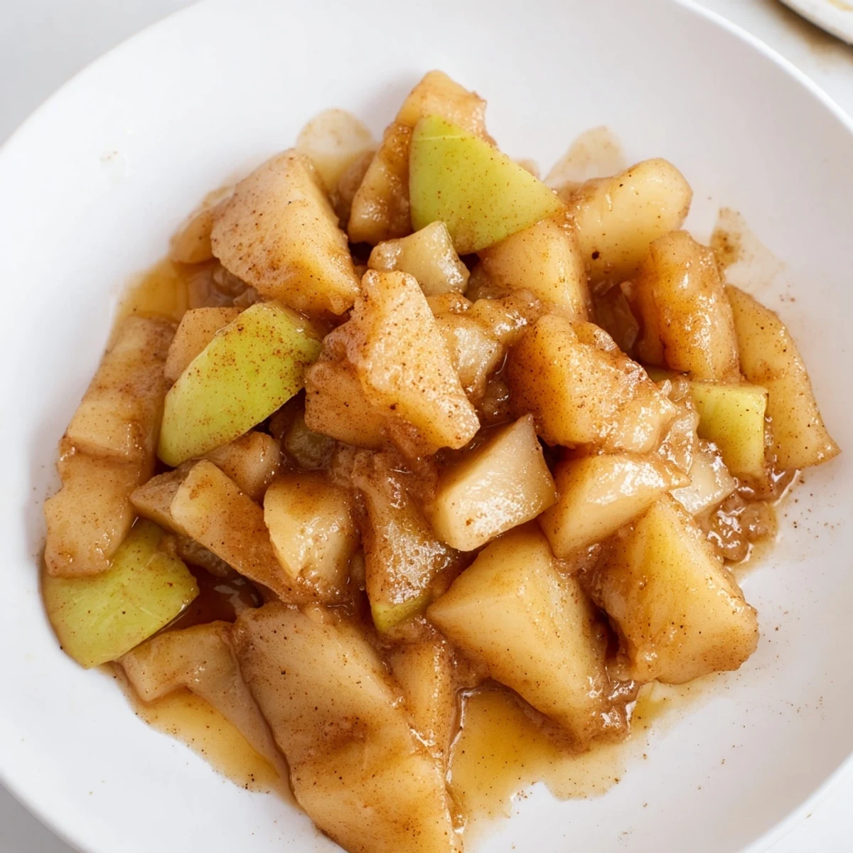 This image shows a close-up of slow cooker stewed apples with a glistening, syrupy texture.