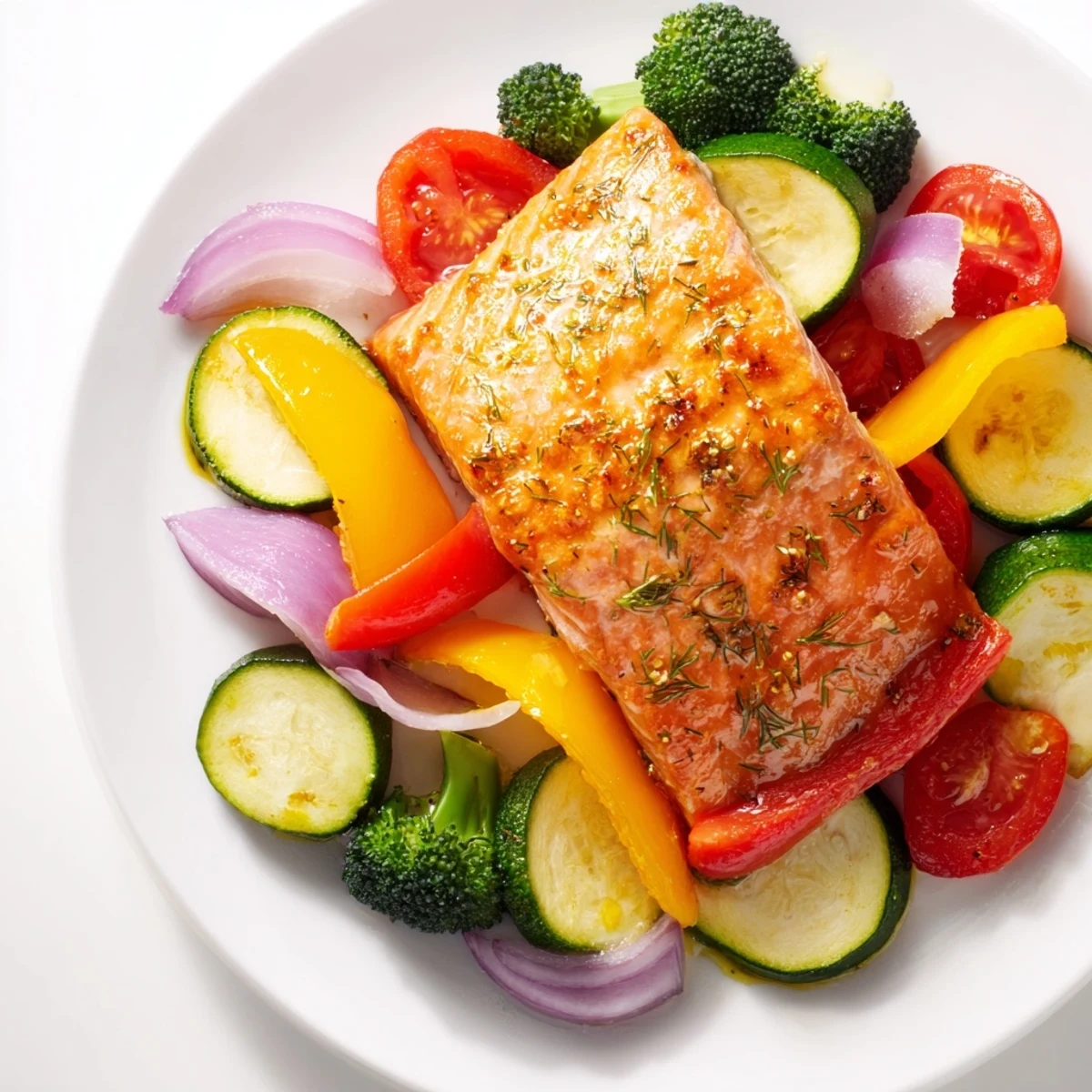 Golden-brown Salmon Sheet Pan Bake with roasted vegetables, a vibrant and complete meal.