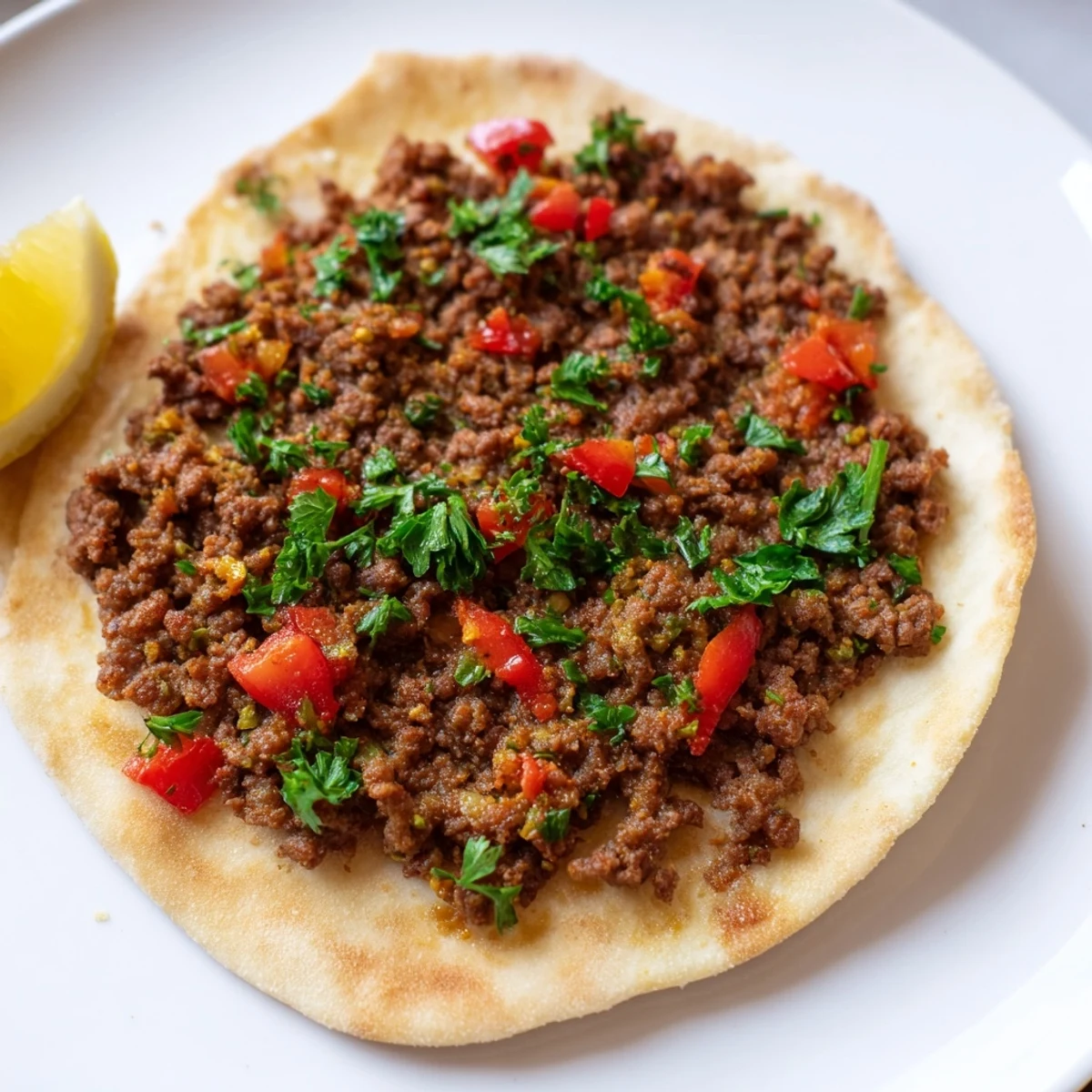 Crispy Turkish Lahmacun with spiced meat topping, served with fresh herbs and lemon wedges.