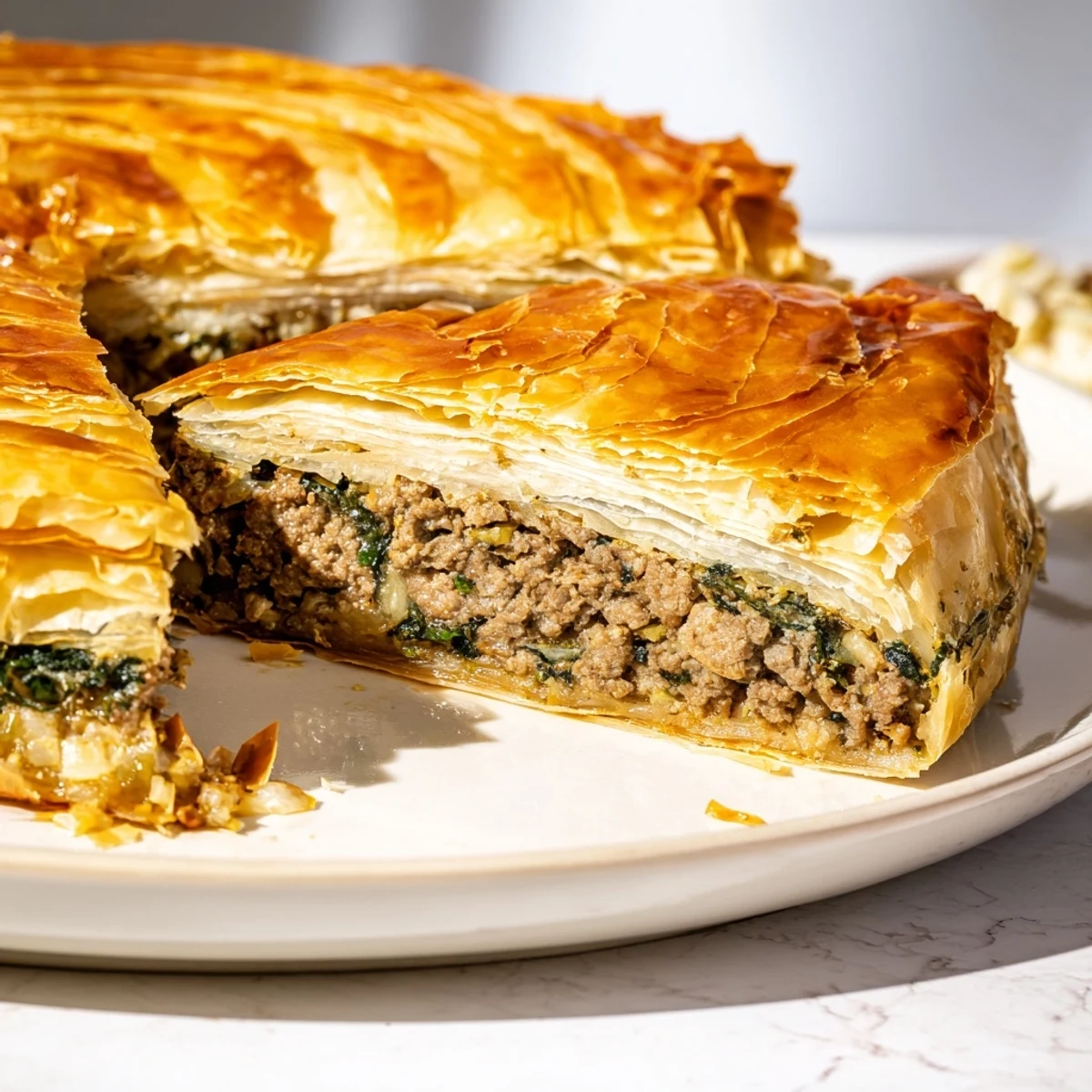 Golden-brown Bosnian Burek pastry spirals, filled with savory beef and spinach, ready to serve.