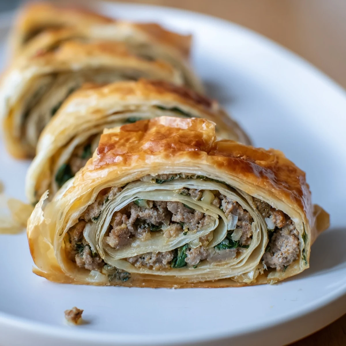 Warm, flaky Bosnian Burek slice, filled with savory beef, perfect served with cool yogurt.