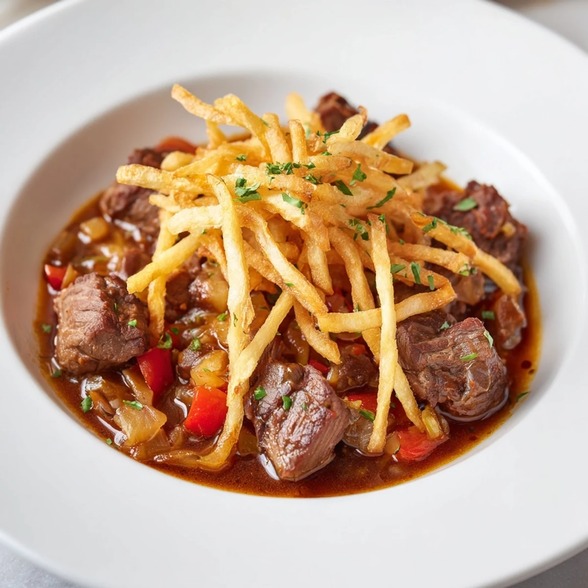 Tender chunks of beef in rich paprika sauce, served with crispy potato strips, Czech Goulash delight.