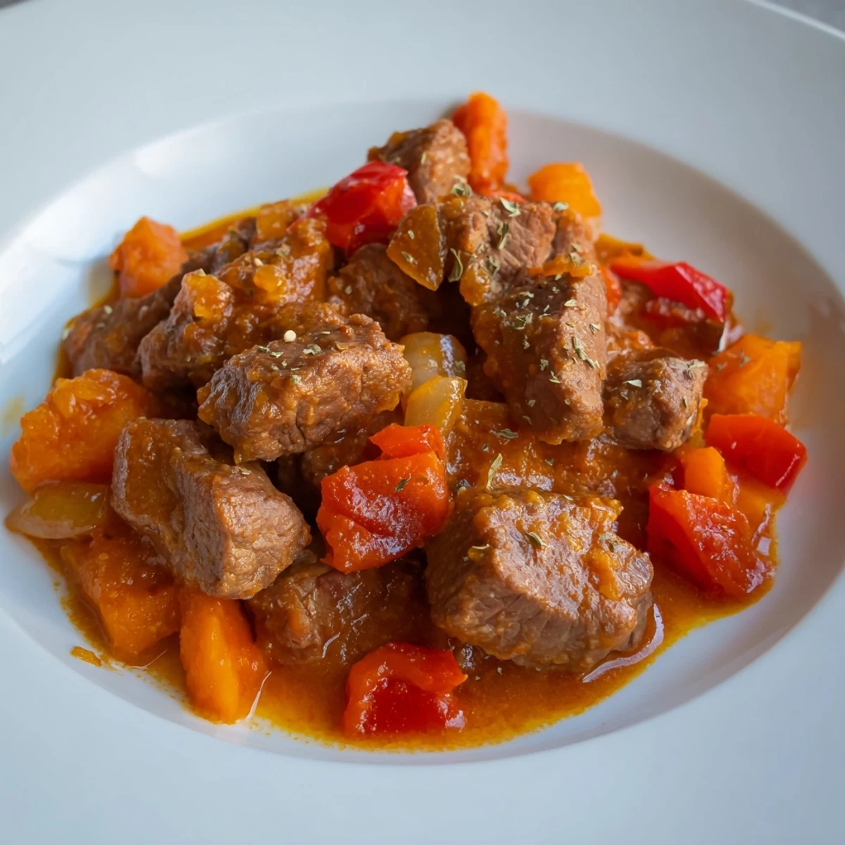 Flavorful Hungarian Goulash Stew, a comforting one-pot meal, bubbling gently in a large Dutch oven.