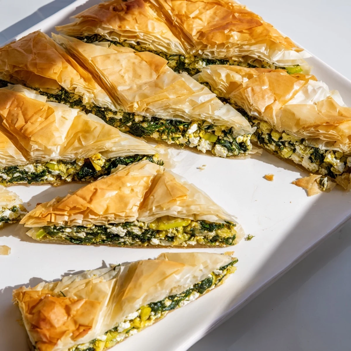 Golden, flaky Greek spanakopita, revealing a savory spinach and feta filling, ready to serve.