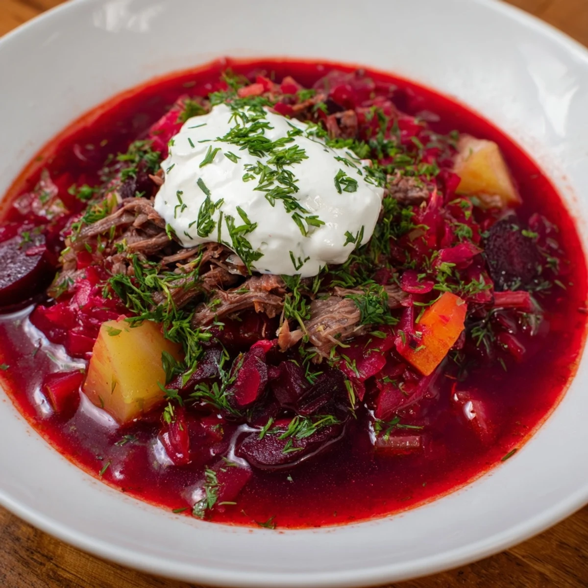 Steaming bowl of Ukrainian Borscht soup, vibrant red with vegetables, served with a dollop of creamy sour cream.