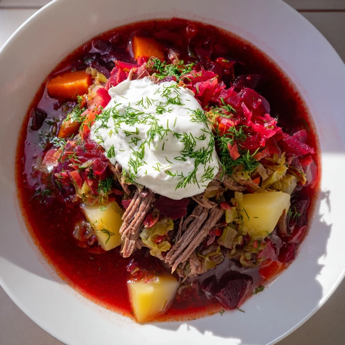 Rich and savory Ukrainian Borscht on a table, a comforting soup brimming with flavors and textures.