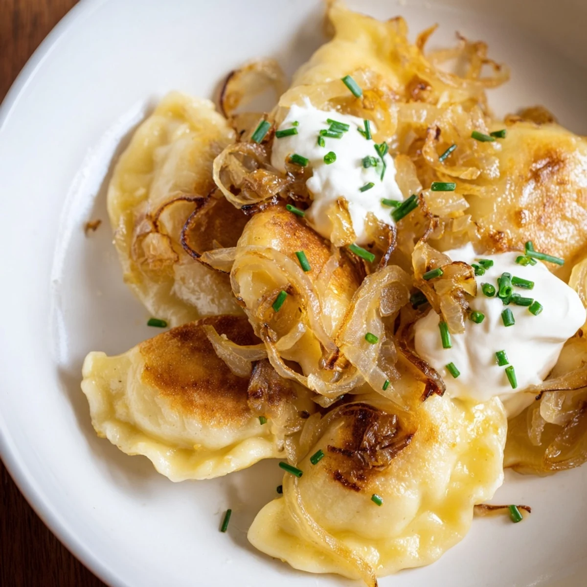 Golden-brown pan-fried Polish pierogi dumplings are served with sweet caramelized onions and sour cream.