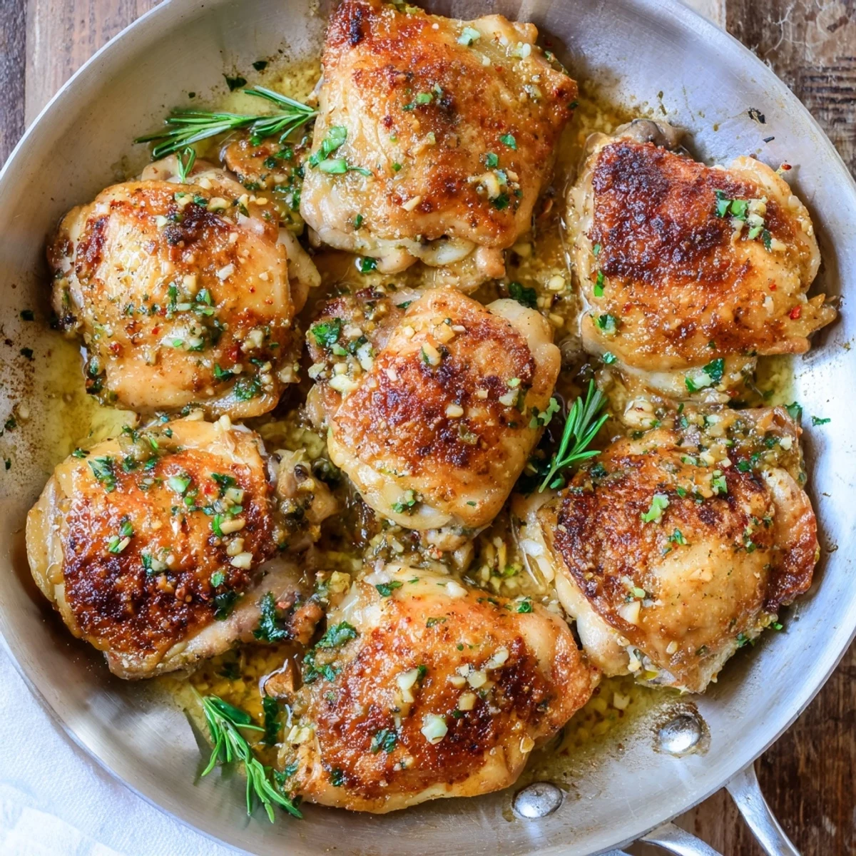 Golden-brown Garlic Butter Chicken Thighs roasted in a skillet, glistening with garlic butter and fresh herbs.