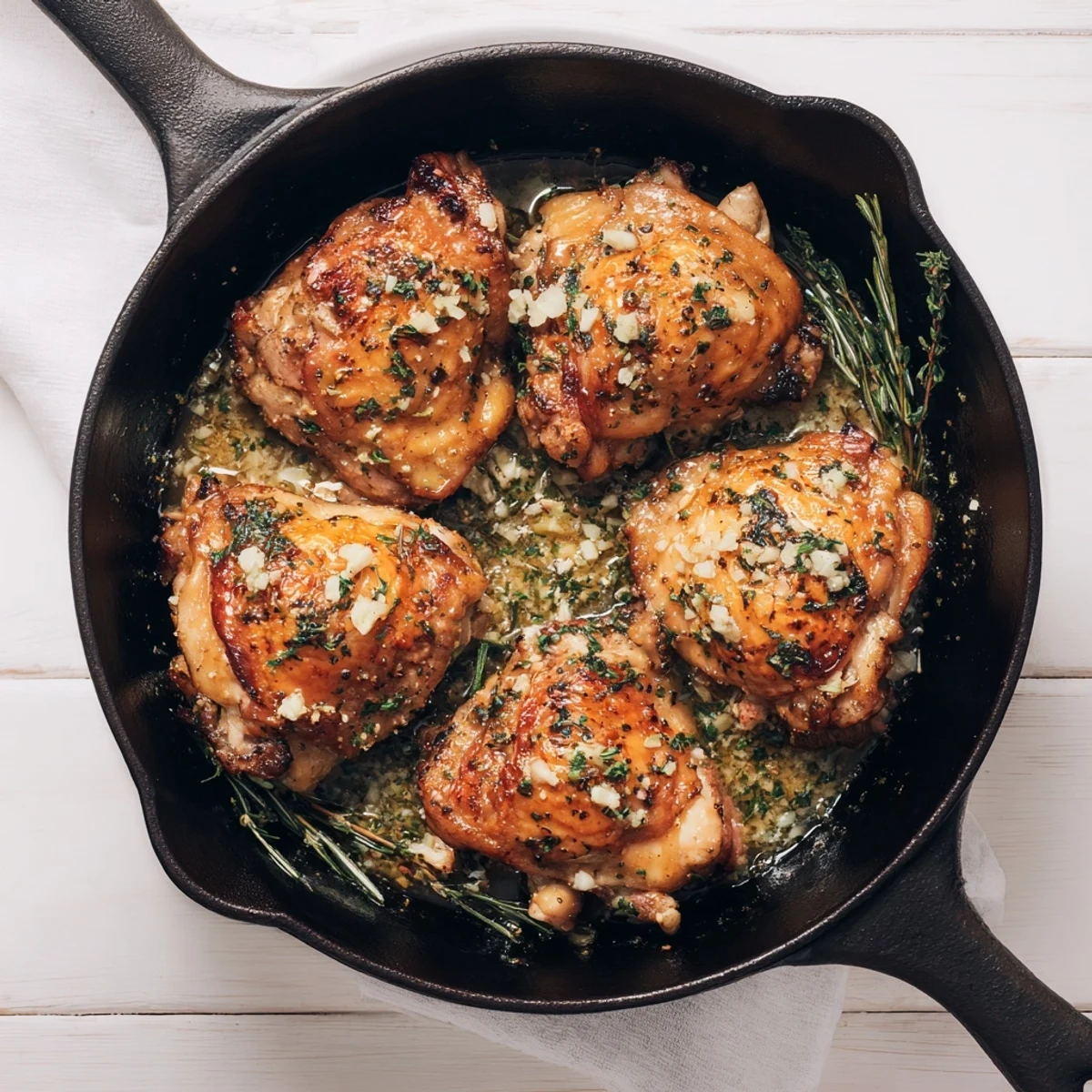 Platter of Garlic Butter Chicken Thighs with crispy skin, garnished with fresh parsley and lemon wedges.