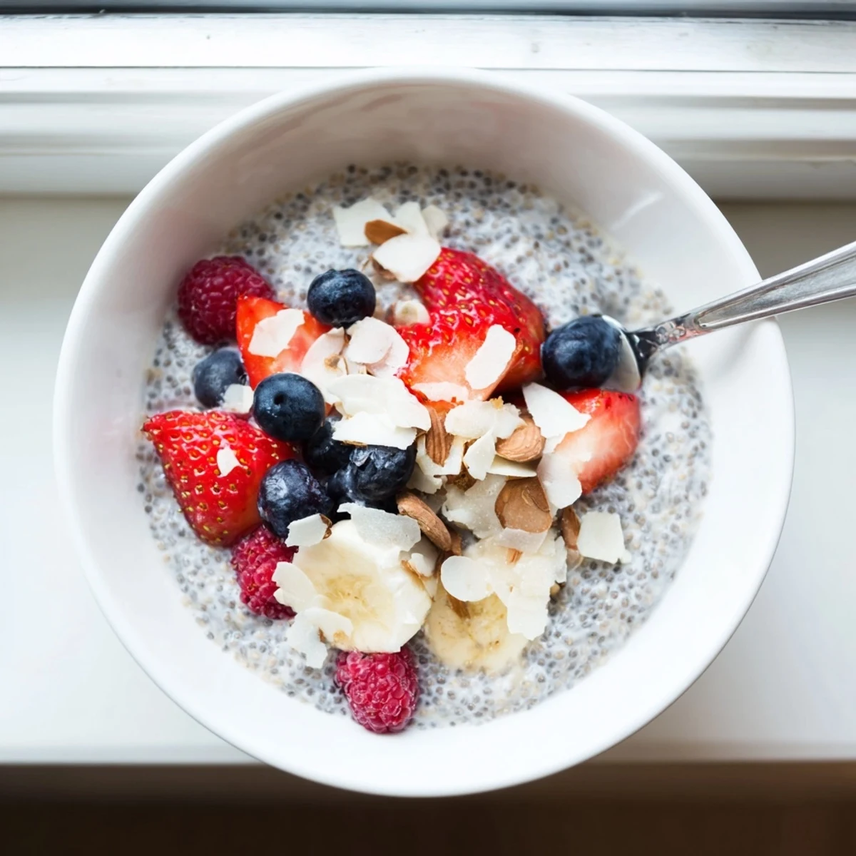 Creamy vegan chia seed pudding topped with fresh berries, sliced banana, and chopped nuts in a glass jar.