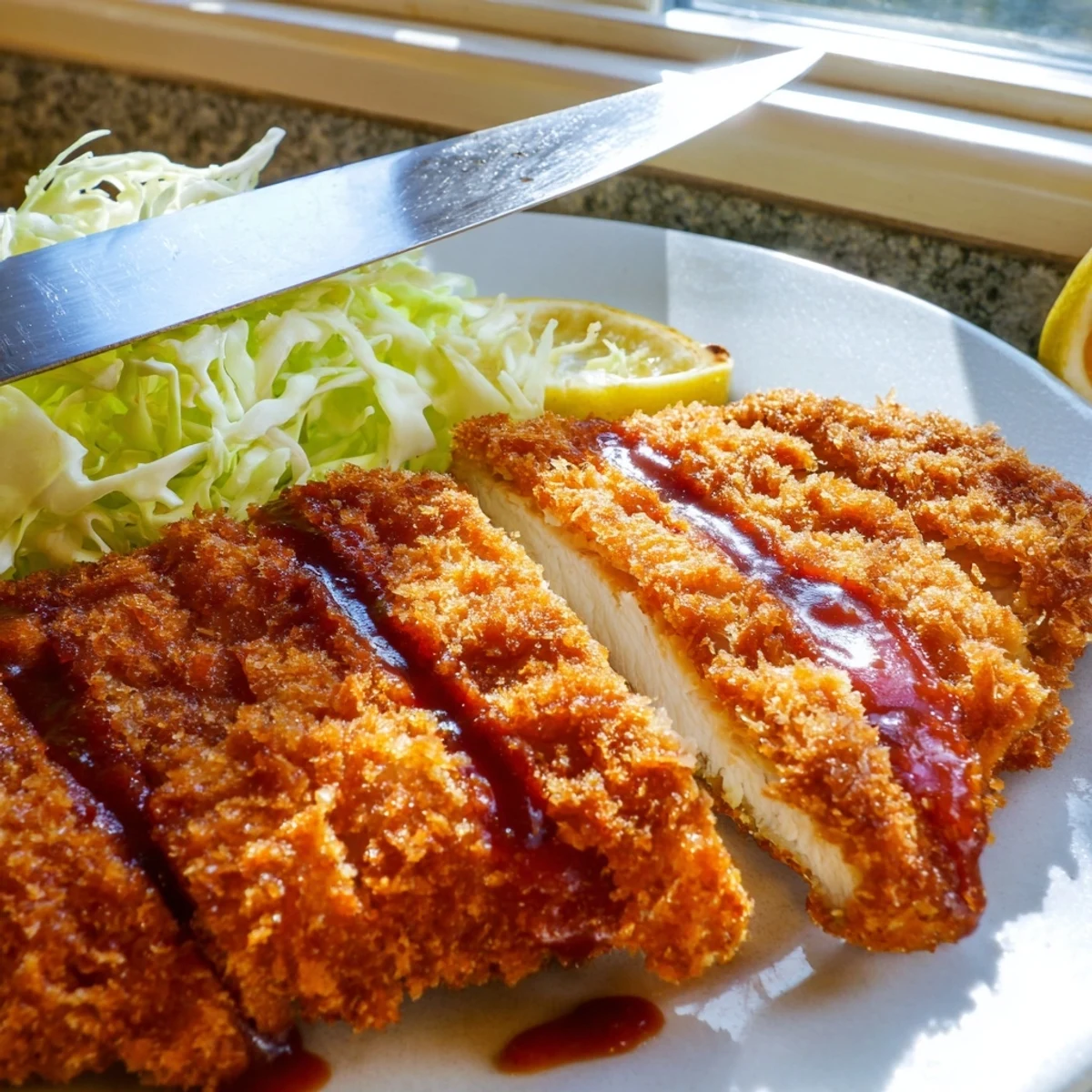 Golden-fried Chicken Katsu cutlet sliced and served with tangy tonkatsu sauce and fresh shredded cabbage.