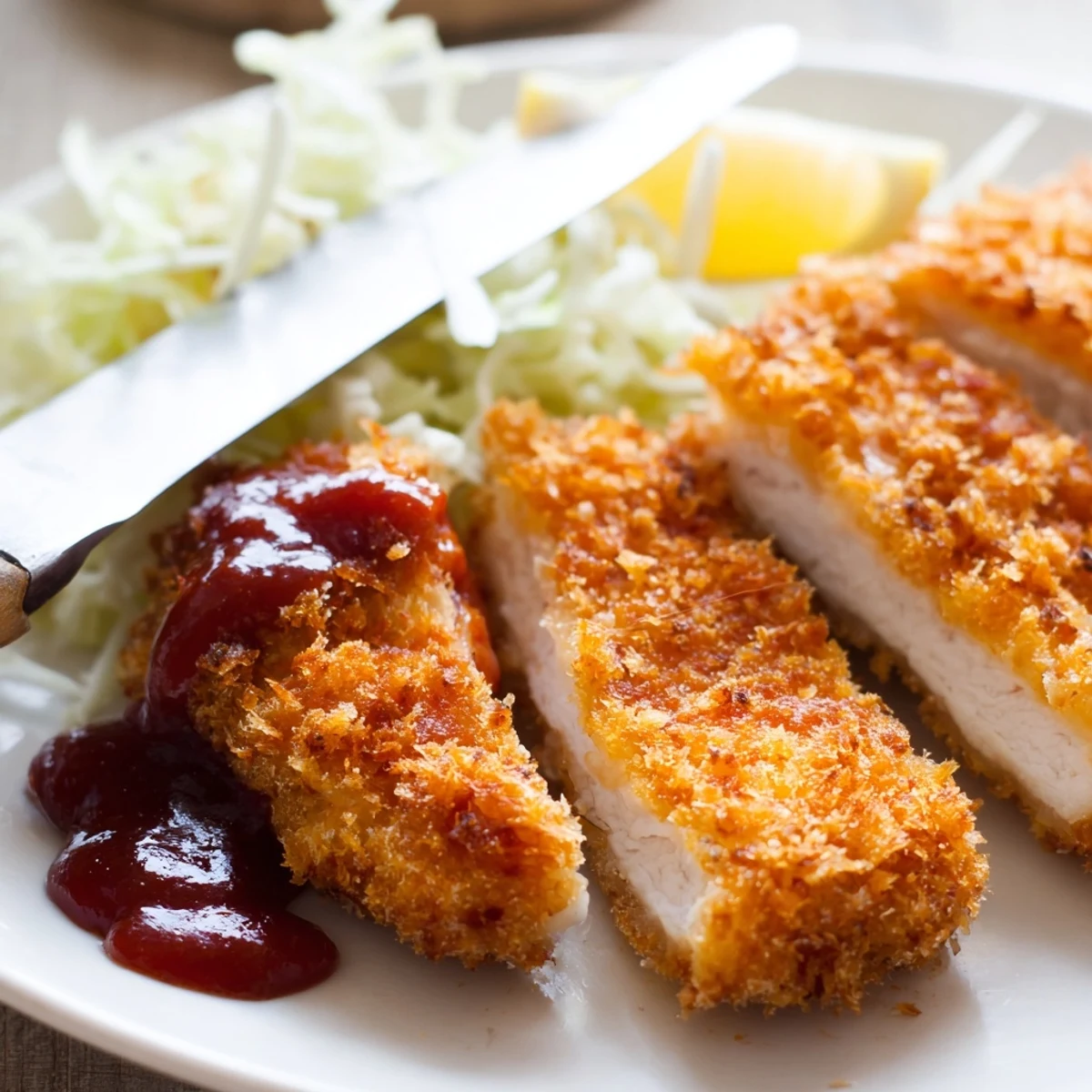 Crisp panko-crusted Chicken Katsu cutlet on a plate with lemon wedges and steamed rice.