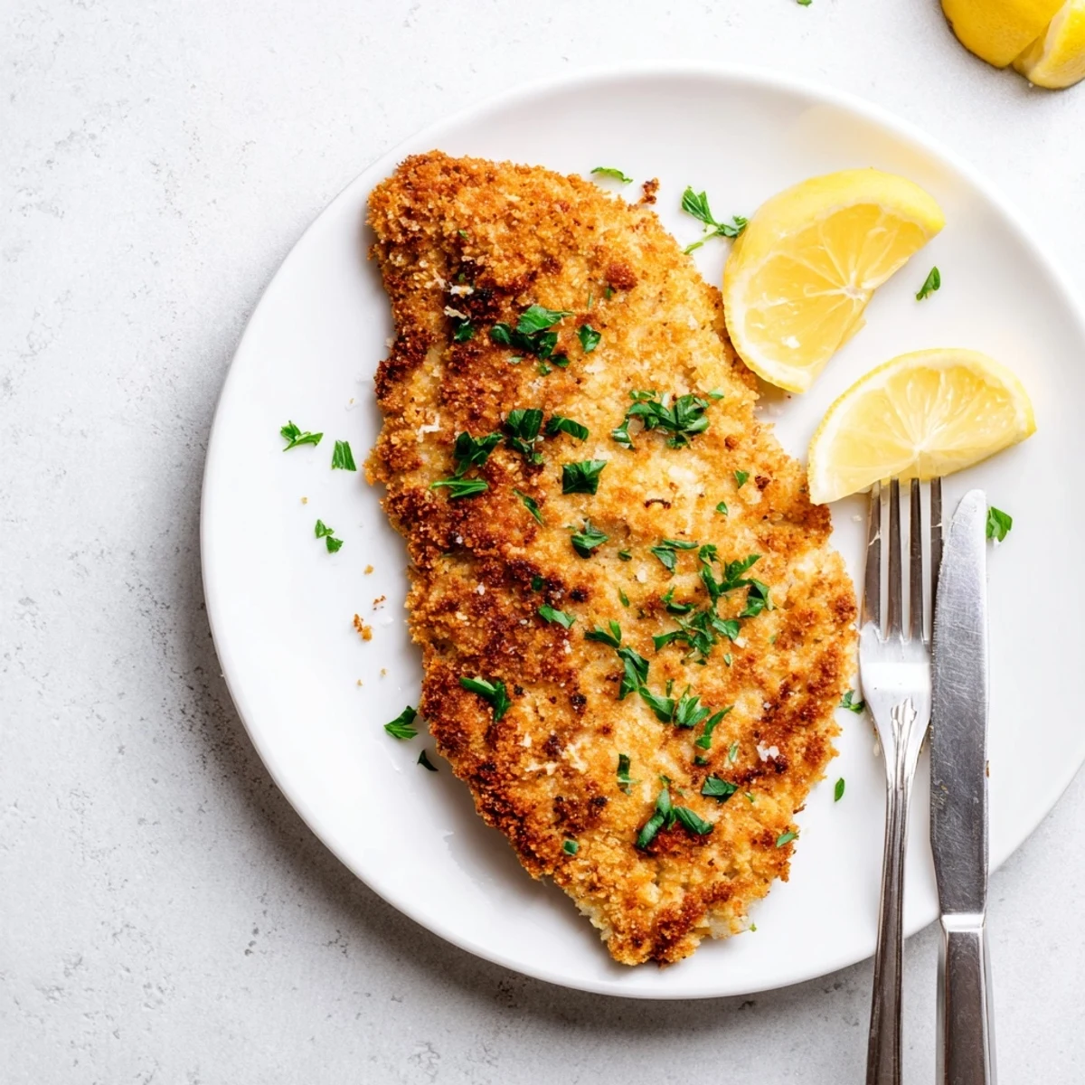 Golden brown Crispy Parmesan Chicken Cutlet rests on a white plate, garnished with fresh parsley and lemon wedges.